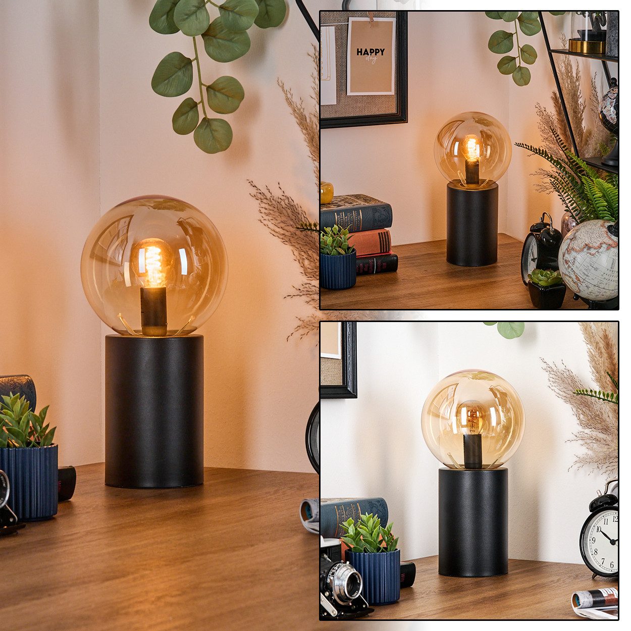 hofstein Tischleuchte Tischlampe aus Metall/Glas in Schwarz/Bernsteinfarben, ohne Leuchtmittel, Leuchte im Retro/Vintage-Design mit Glasschirm (15 cm), 1 x E14