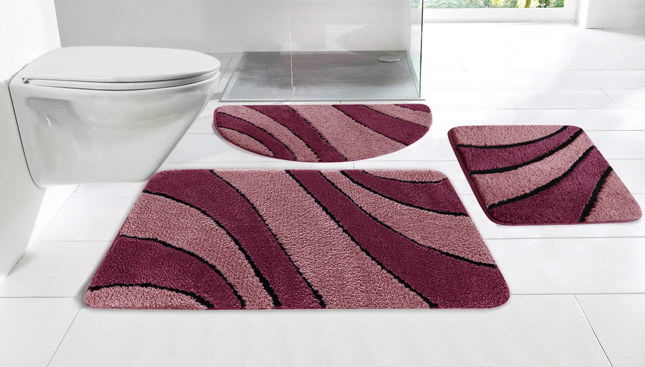 OTTO home Badematte Anna, Badvorleger, Badezimmer Teppich, Höhe 16 mm, rutschhemmend beschichtet, schnell trocknend, fußbodenheizungsgeeignet, Polyester, rechteckig, 3tlg Set Hänge WC, Badteppich, Hoch Tief Effekt, Modern, Weich, Wellen