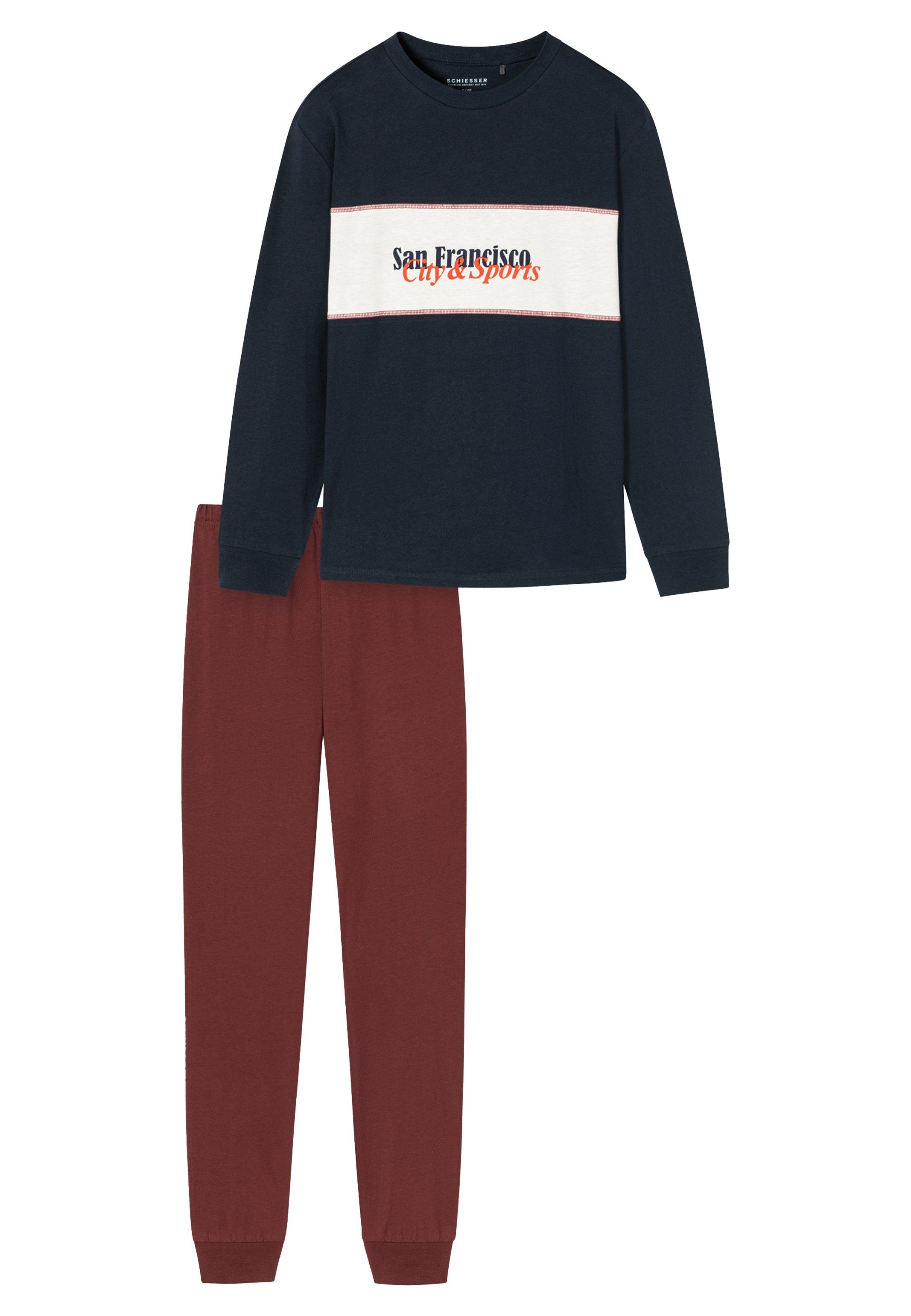 Schiesser Pyjama Nightwear Organic Cotton (Set, 2 tlg) Schlafanzug - Baumwolle - Langarmshirt mit Schriftzug