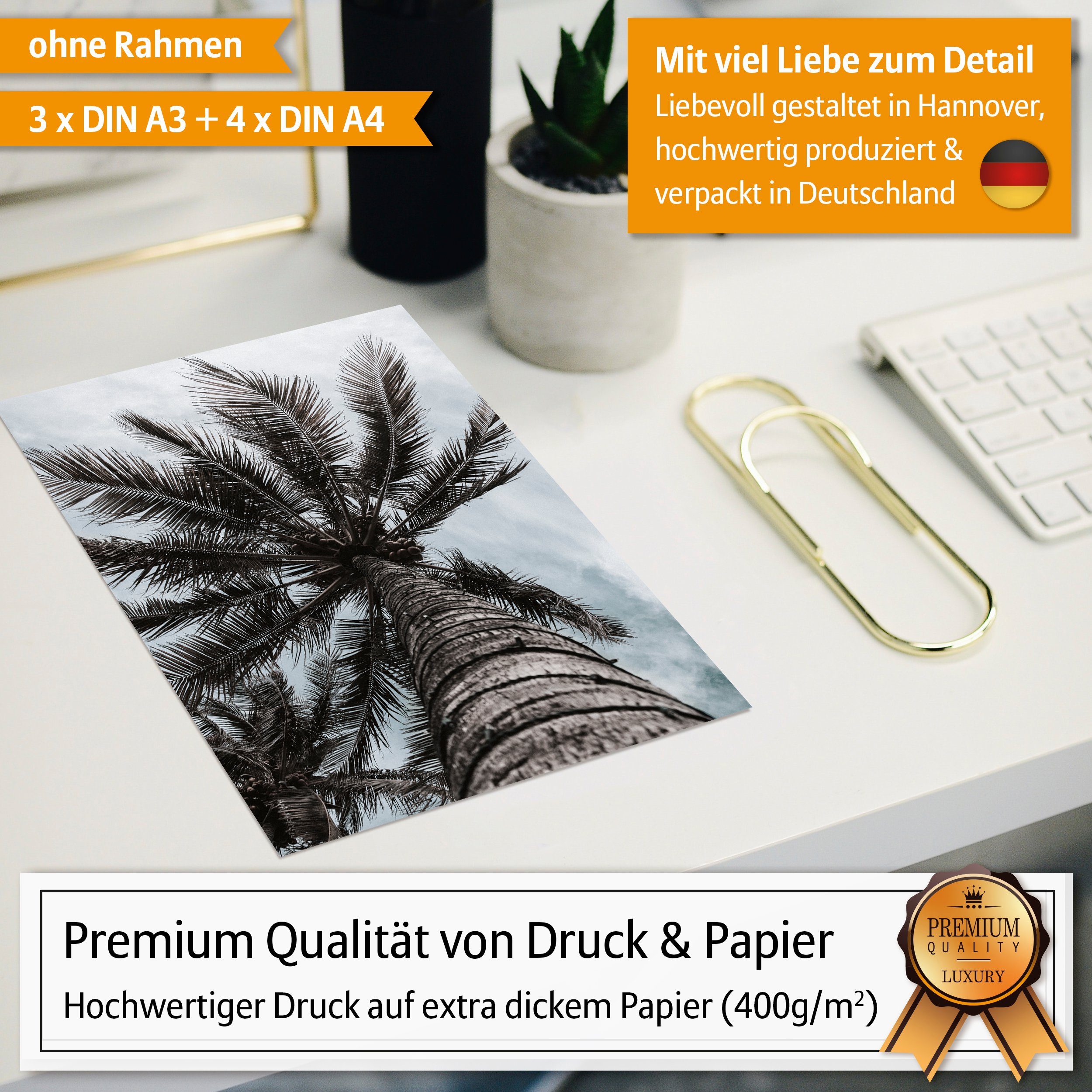 Hyggelig Home Poster Surfen - Premium Poster Set OHNE & MIT Rahmen - 7 Wandbilder Urlaub, Strand (Set, 7 St), Collage Beach, Qualitätsdruck auf dickem Papier