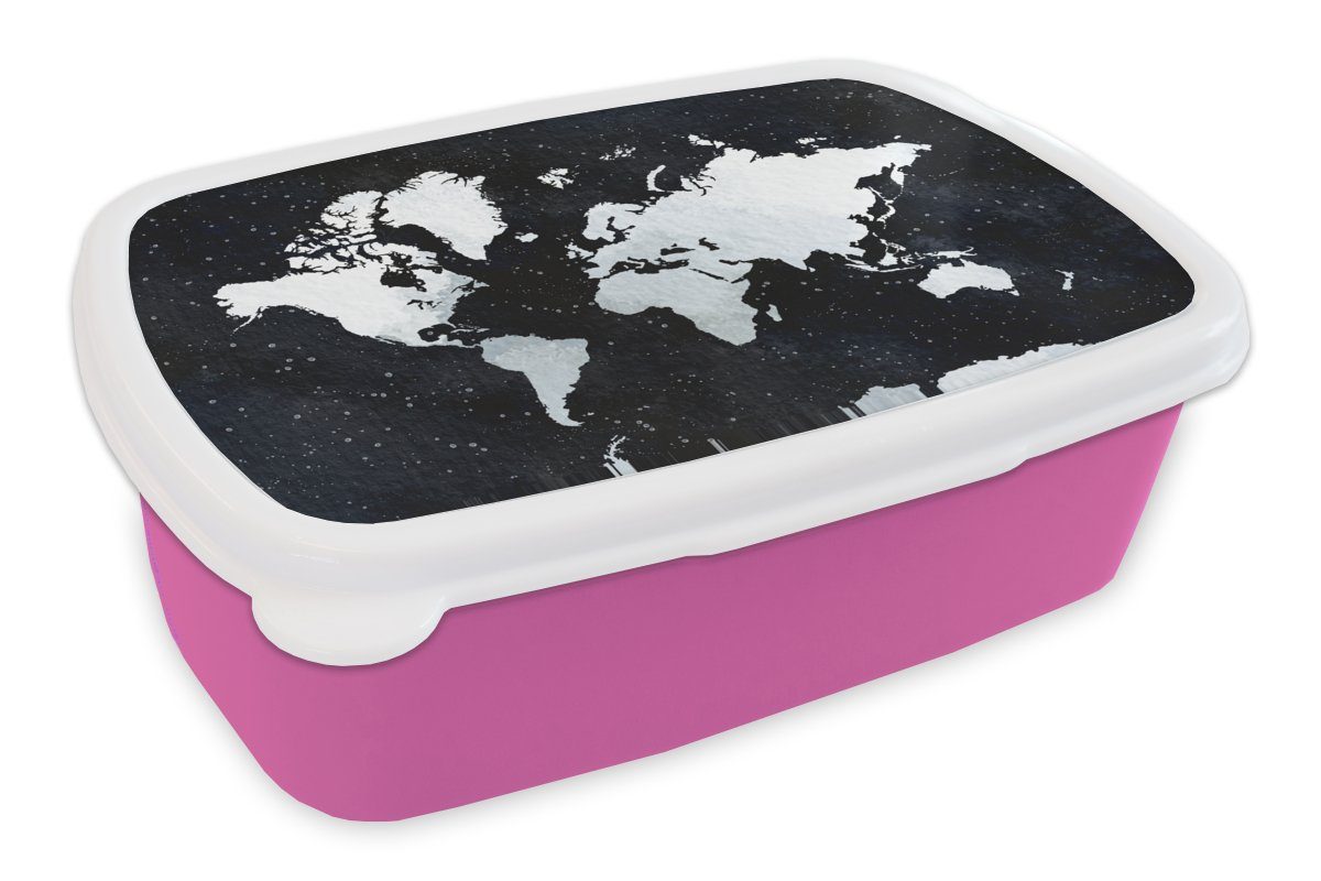 MuchoWow Lunchbox Weltkarte - Aquarell - Sternenhimmel, Kunststoff, (2-tlg), Brotbox für Erwachsene, Brotdose Kinder, Snackbox, Mädchen, Kunststoff rosa