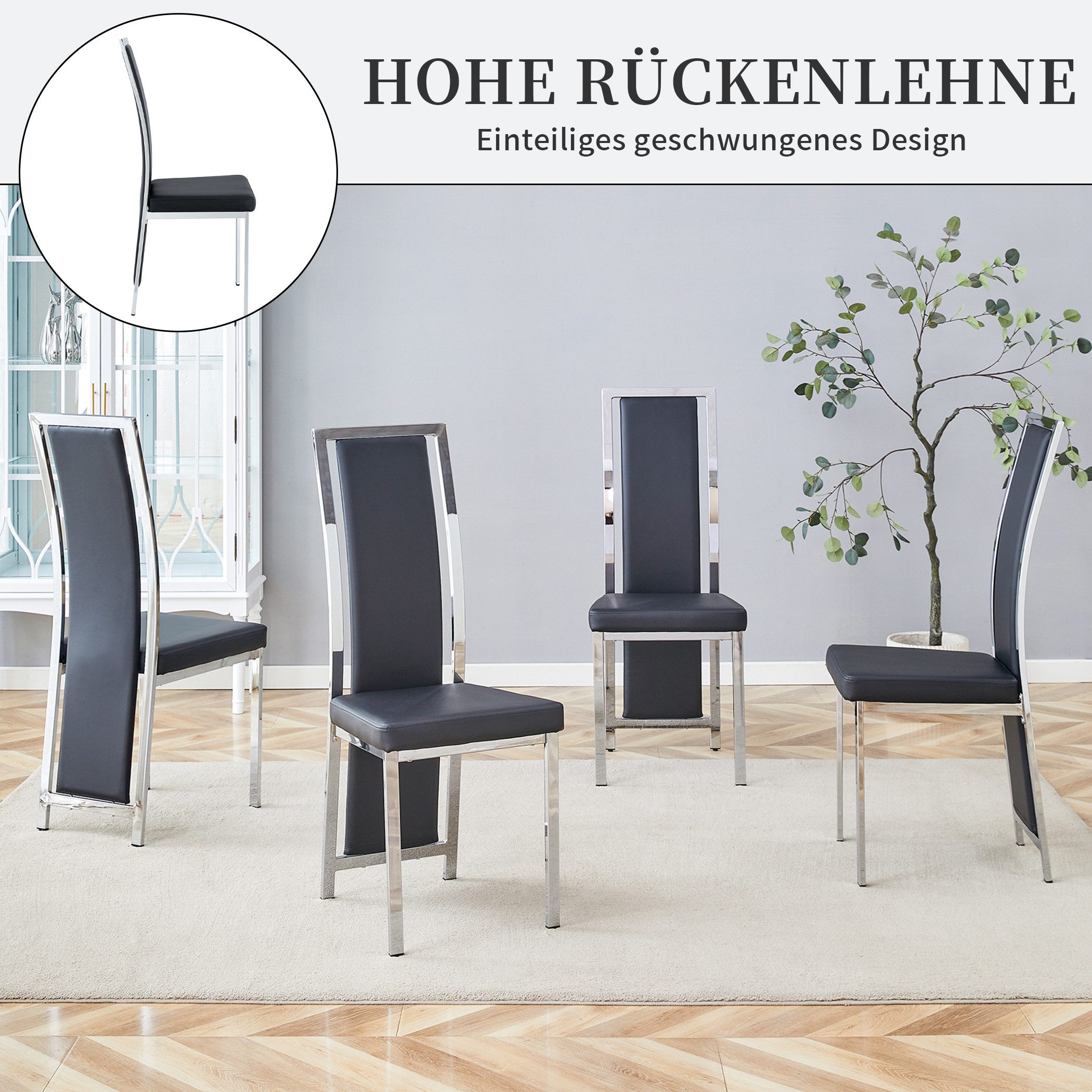 SeedWave Esszimmerstuhl Küchenstuhl-Set mit PU-Sitz, Hohe Gebogene Rückenlehne & Metallbeine, 4er Set. Metallrahmen, verstellbare Fußgleiter