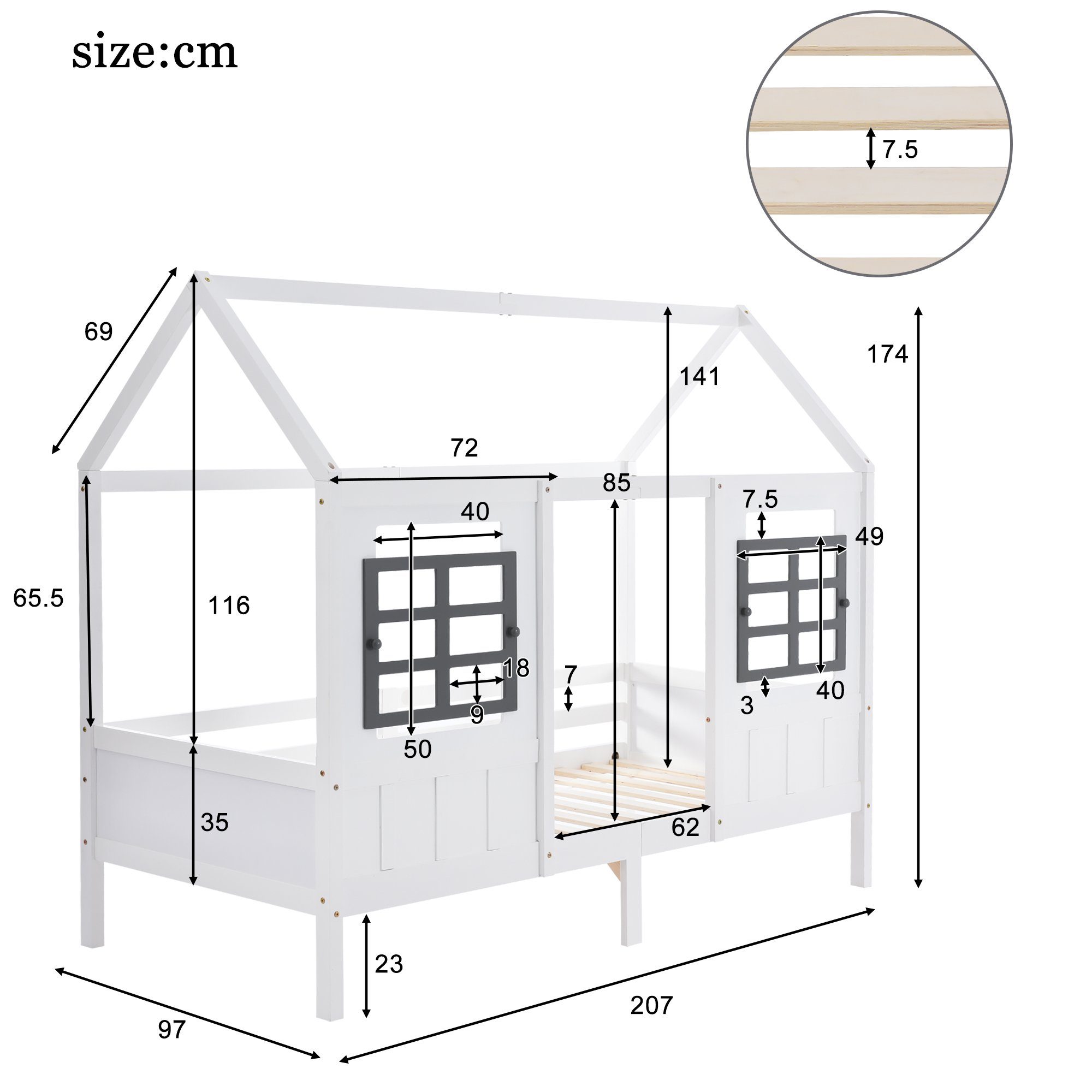 Kiefer Kinderbett Hausbett Fenstern Hausbett Tagesbett 200x90cm mit Gotagee Einzelbett