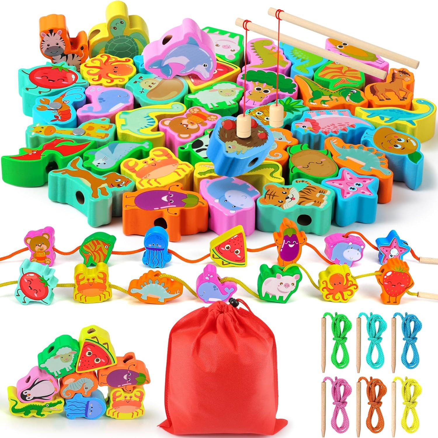 POPOLIC Lernspielzeug Montessori Motorikspielzeug für Kinder,Lernspielzeug 2 in 1 Fädelspiel (Lernspielzeug 48 STK Fädelspiel mit 6 Themen), Holzpuzzle,Kinderspielzeug Motorikspielzeug, Geschenk Mädchen Junge