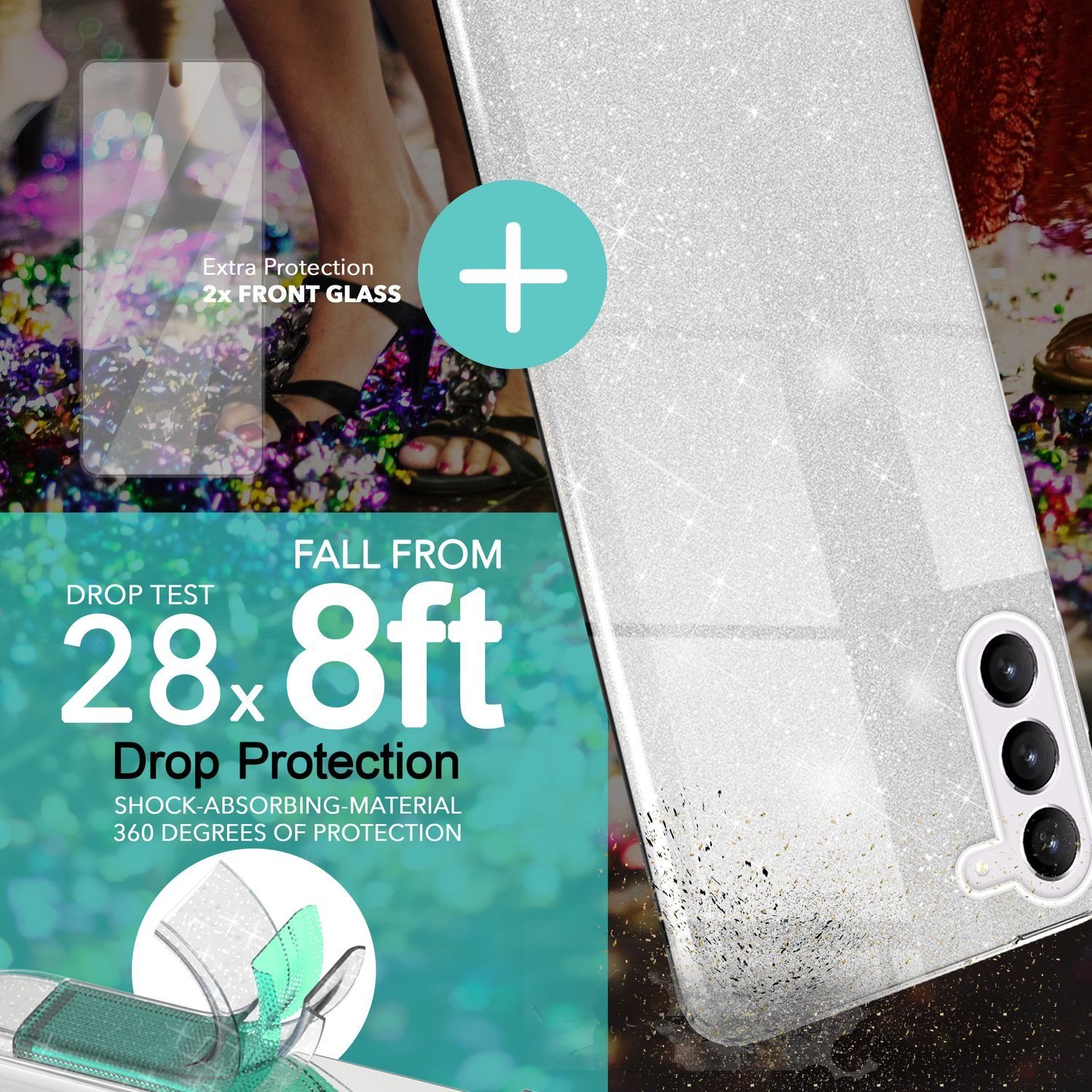Nalia Smartphone-Hülle Samsung Galaxy S23 Plus 16,8 cm (6,6 Zoll), Glitzer Silikon Hülle / 2x Displayschutz / Innen Verstärkt / Stoßfest