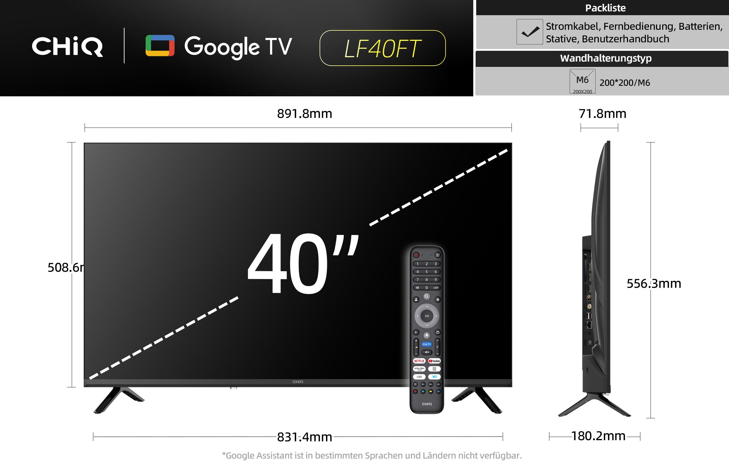 CHiQ L40FT LED-Fernseher (100 cm/40 Zoll, Full HD(1920*1080), Android TV, Smart-TV, Google TV, HDR 10, Dolby Audio & DBX-TV, Google TV OS mit 10.000+ Apps)