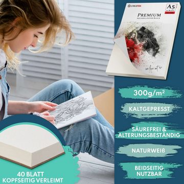 CreaTek Aquarellpapier 300g diverse Größen - Premium Qualität inkl. Pinsel & Bleistift uvm., 2 STUNDEN VIDEOKURS + 400 MALVORLAGEN