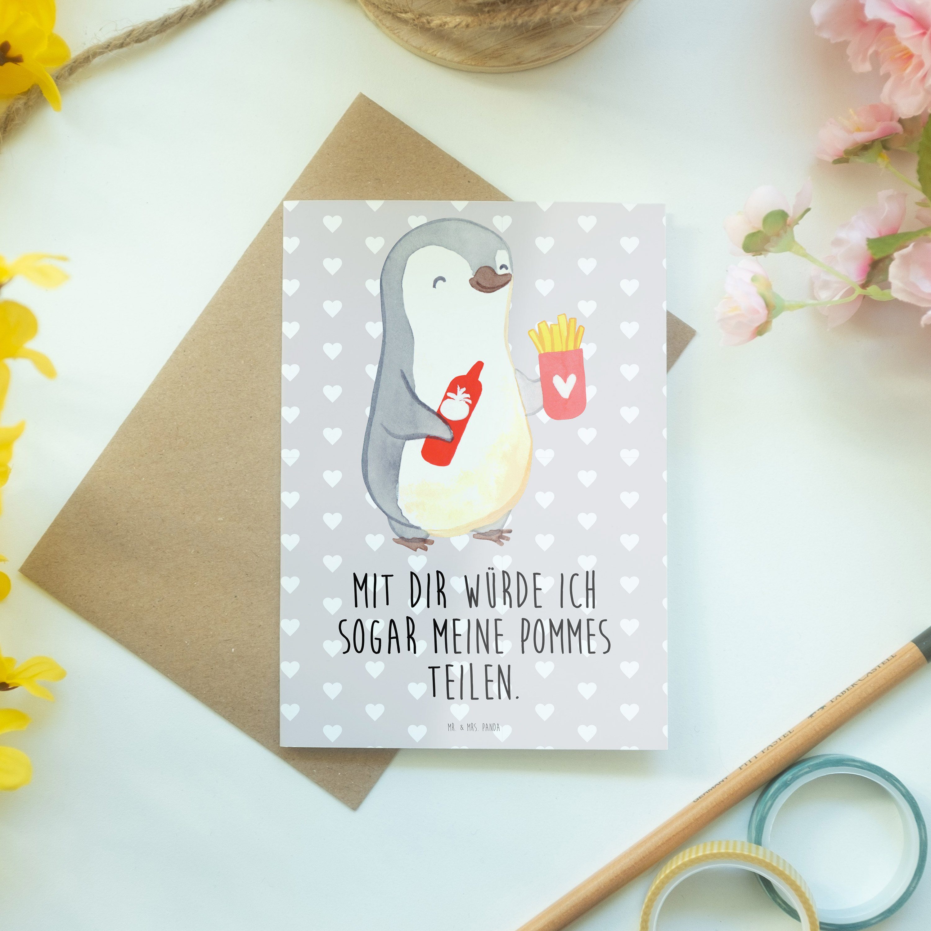 Grau Ehemann, Grußkarte Mr. Mrs. Pinguin - Pommes Panda Geschenk, - Hochzeitskarte Pastell & für