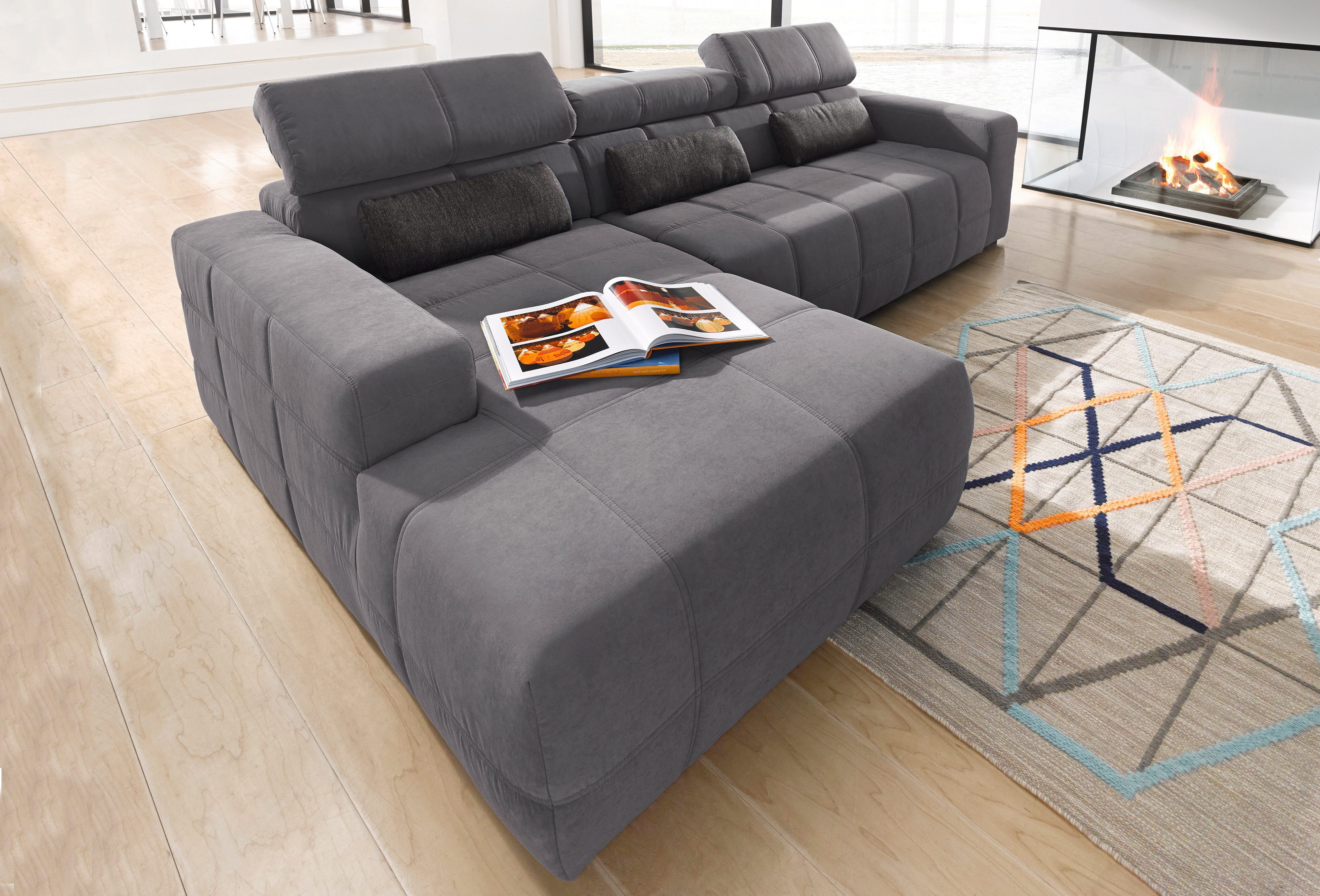 DOMO collection Ecksofa BRANDON 289x177 cm, belastbar bis 140 kg/Sitz, L-Form, ohne Sitztiefenverstellung, Luxus-Microfaser, dunkelgrau