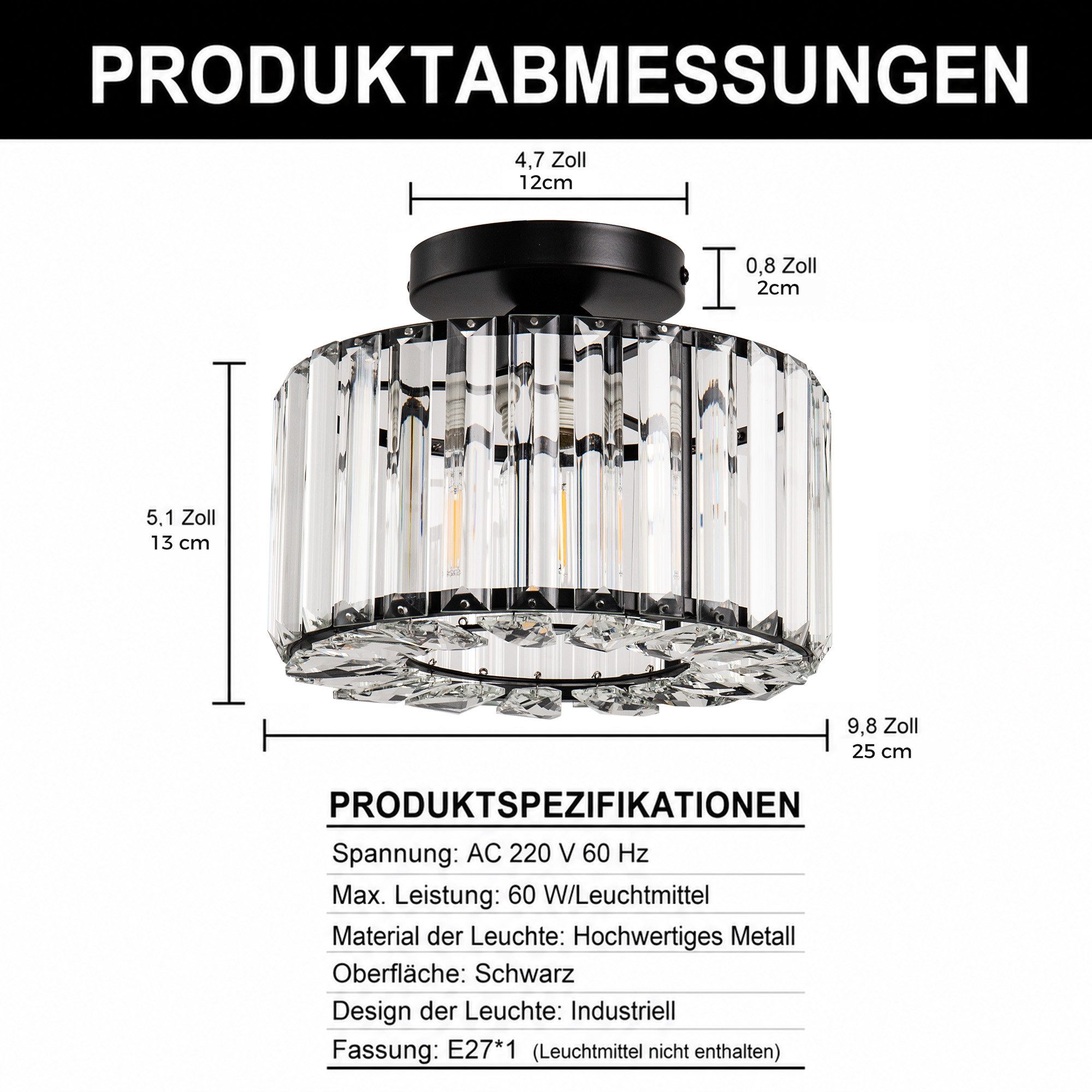 LOHAS-LED Deckenleuchte Kristall‑Deckenlampe mit 3 E27‑Sockeln, moderne Glasdeckenleuchten, ohne Leuchtmittel, Ideal für Schlafzimmer, Küche und Esszimmer