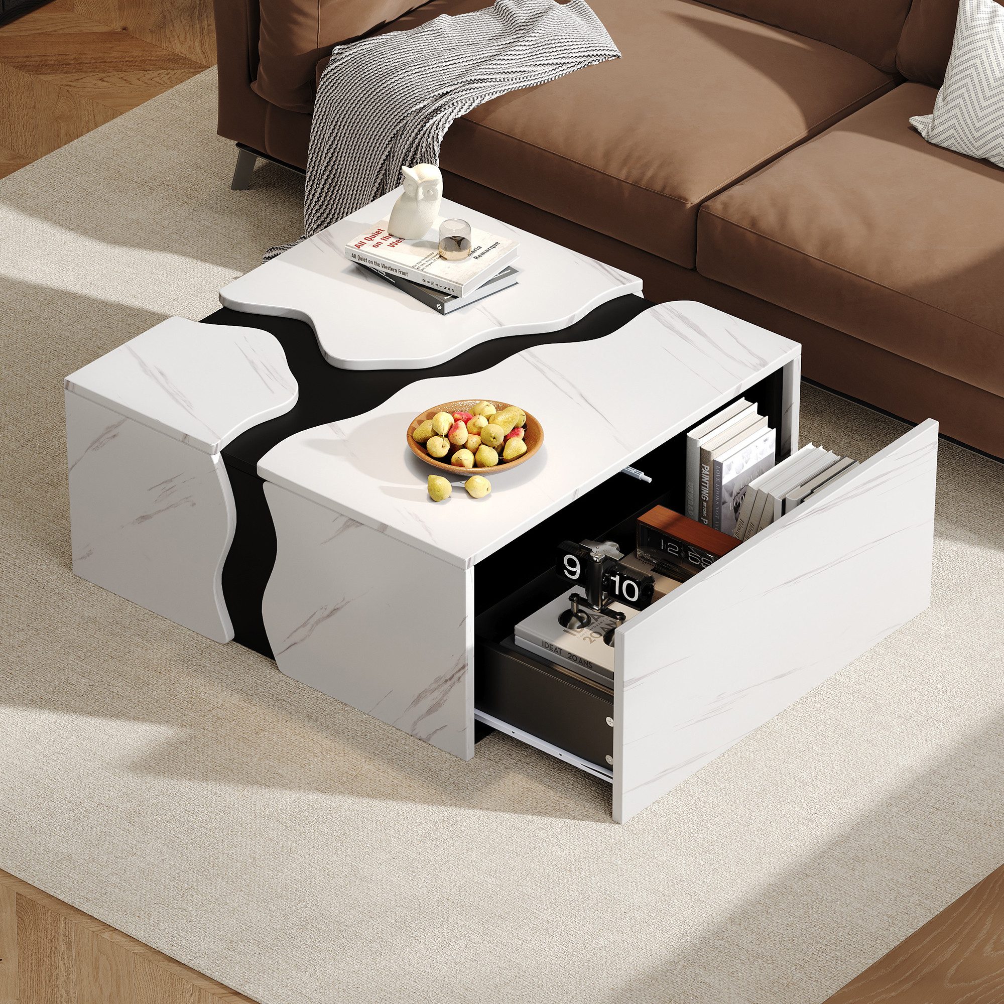 HAUSS SPOLE Couchtisch Würfelform mit Schublade,Beistelltisch Kaffeetisch mit Marmormuster (Packung, 1-St., würfelförmiges geometrisches Design,Beistelltisch mit Schublade), einzigartiger Form,kaffetisch, Aufbewahrungstisch, Spieltisch