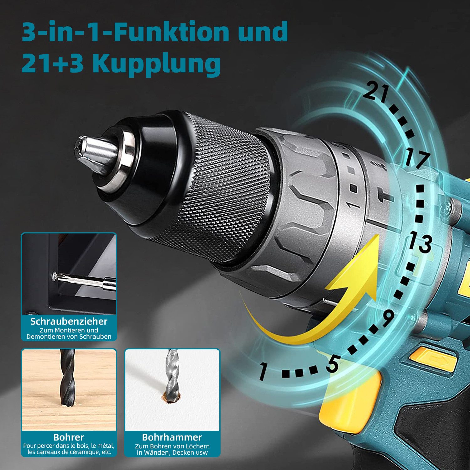 Lexzurn Akku-Bohrschrauber Akkuschrauber, max. 1700 U/min, mit 2 Akkus 18V/ günstig online kaufen