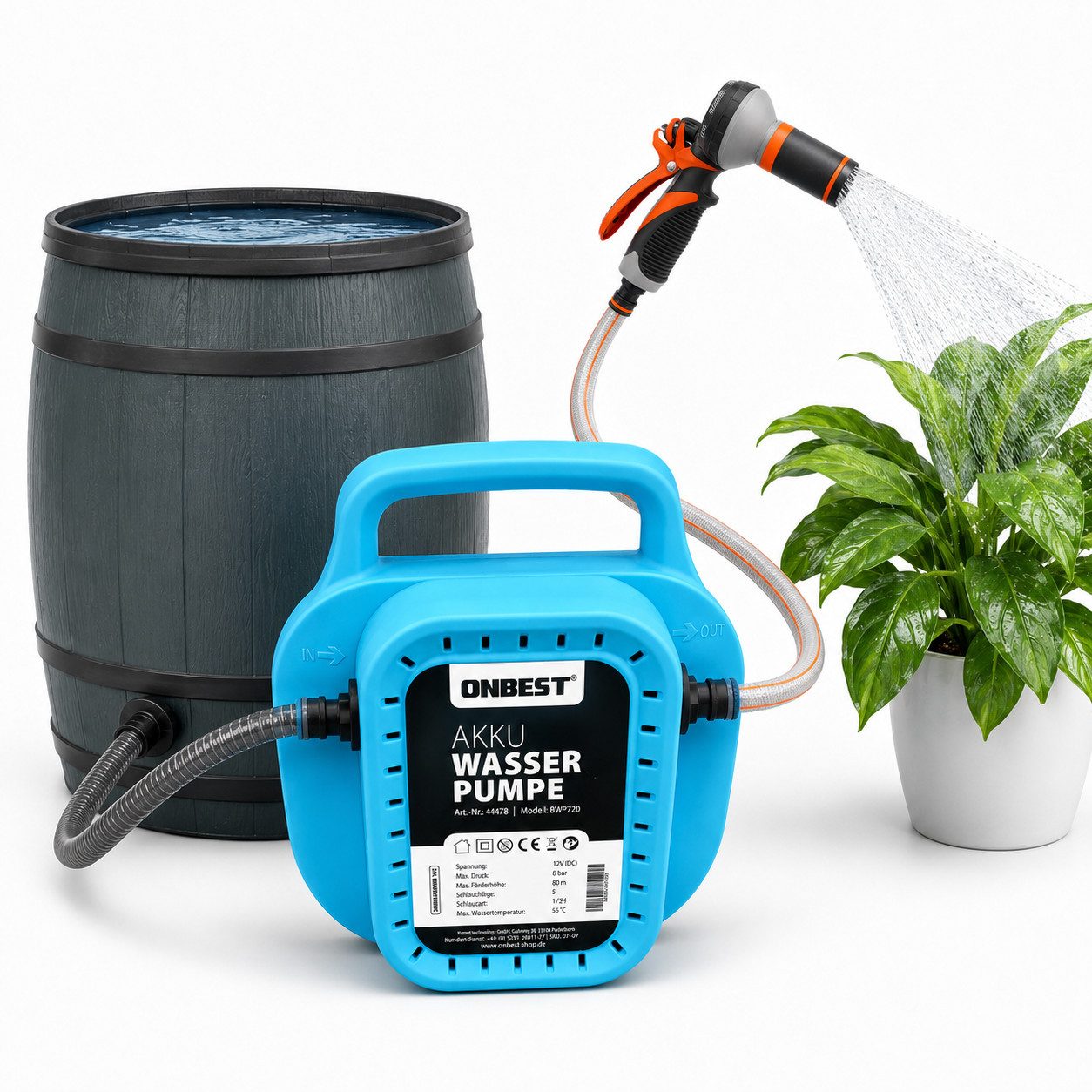 Onbest Wasserpumpe Akku Gartenpumpe selbstansaugend inklusive Gartenbrause, Druckschalter, Schnellkupplung, 12V, 8bar, 50-90W, 80m, 7-12 l/min