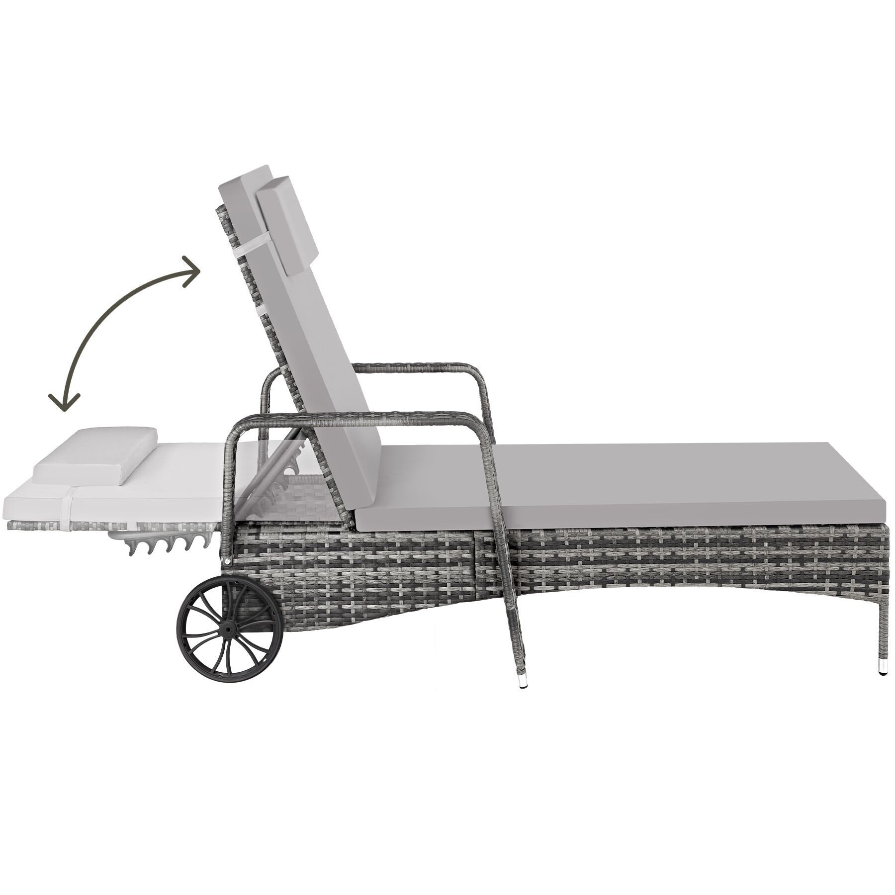 tectake Gartenliege Rattan Sonnenliege, abnehmbares Kopfkissen, 200 x 70 x 33 cm, Balkonliege, 1 St., für Außen in Grau/Hellgrau, widerstandsfähig, UV-beständig, verstellbar Rückenlehne, mit Rädern