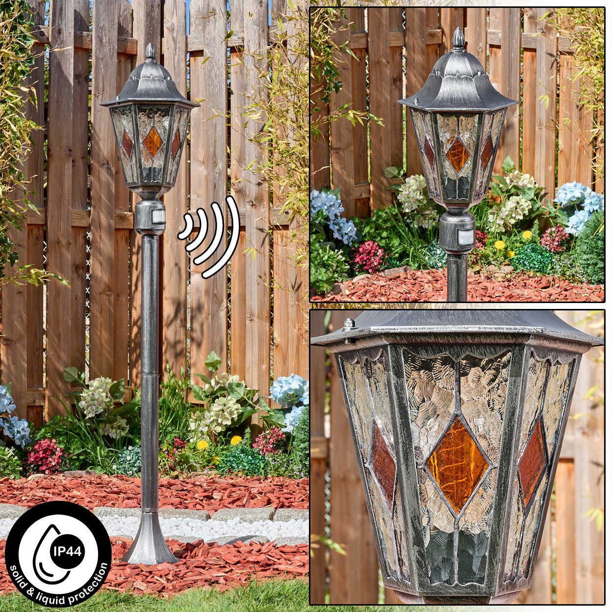 hofstein Pollerleuchte Außenwegeleuchte mit Bewegungsmelder aus Metall/Glas, E27, IP44, Wegelampe Antik/Landhaus/Vintage in Schwarz/Silber/Klar/Orange, 122 cm