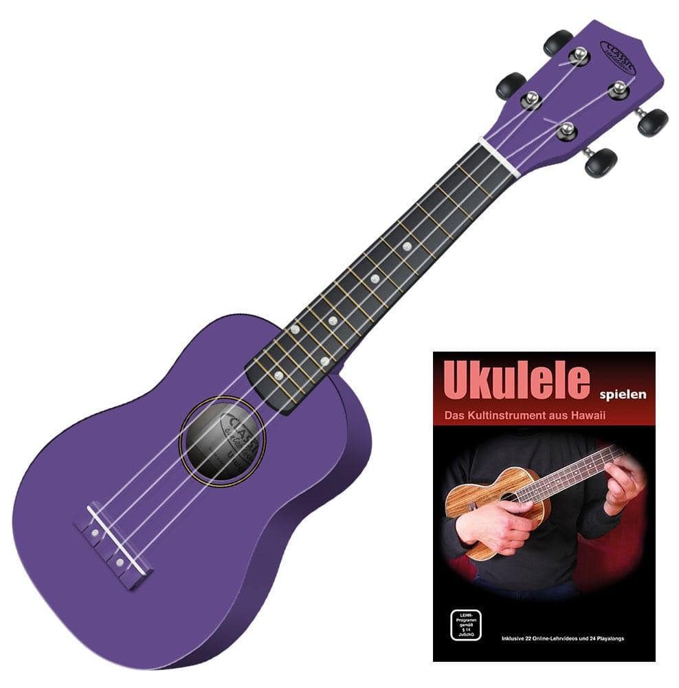 Classic Cantabile Ukulele Sopranukulele (Ukulele, Uke, 15 Bünde, leichtgängige Gitarrenmechanik), Spar-Set inklusive Ukulele-Schule