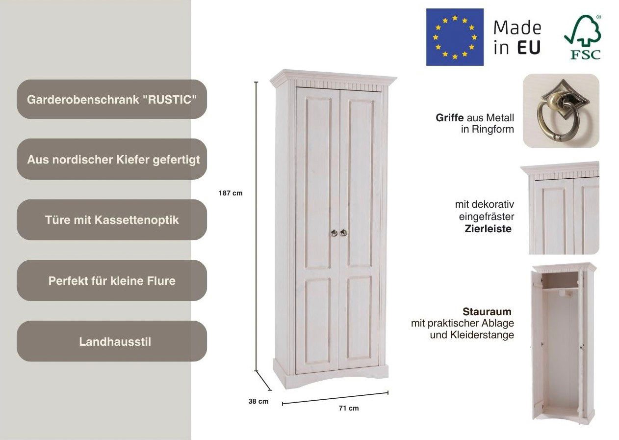 OTTO home Garderobenschrank Rustic aus massiver Kiefer, Breite 71 cm, Kassettenoptik