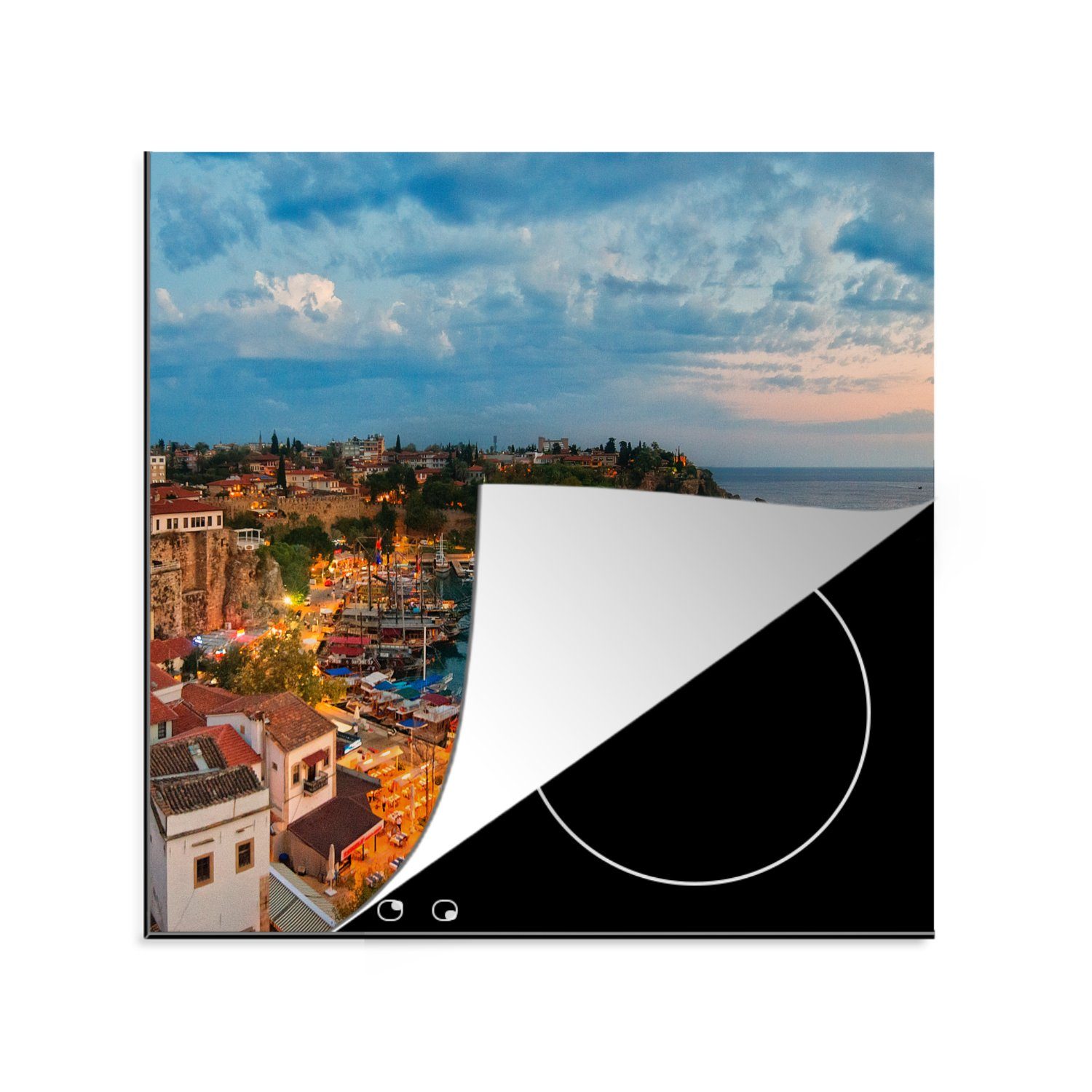 MuchoWow Herdblende-/Abdeckplatte Panorama des alten Stadthafens in Antalya bei Sonnenuntergang, Vinyl, (1 tlg), 78x78 cm, Ceranfeldabdeckung, Arbeitsplatte für küche