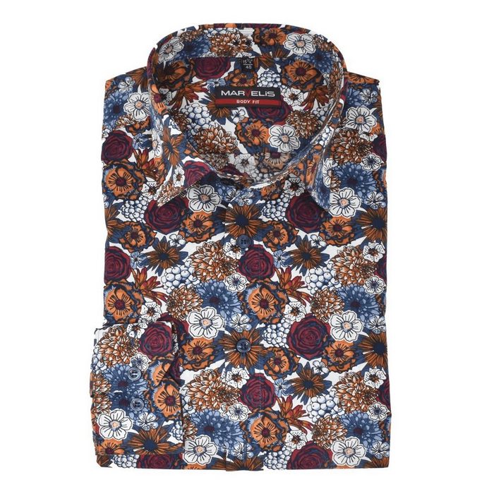 MARVELIS Langarmhemd Businesshemd - Body Fit - Florales Muster - Bordeaux