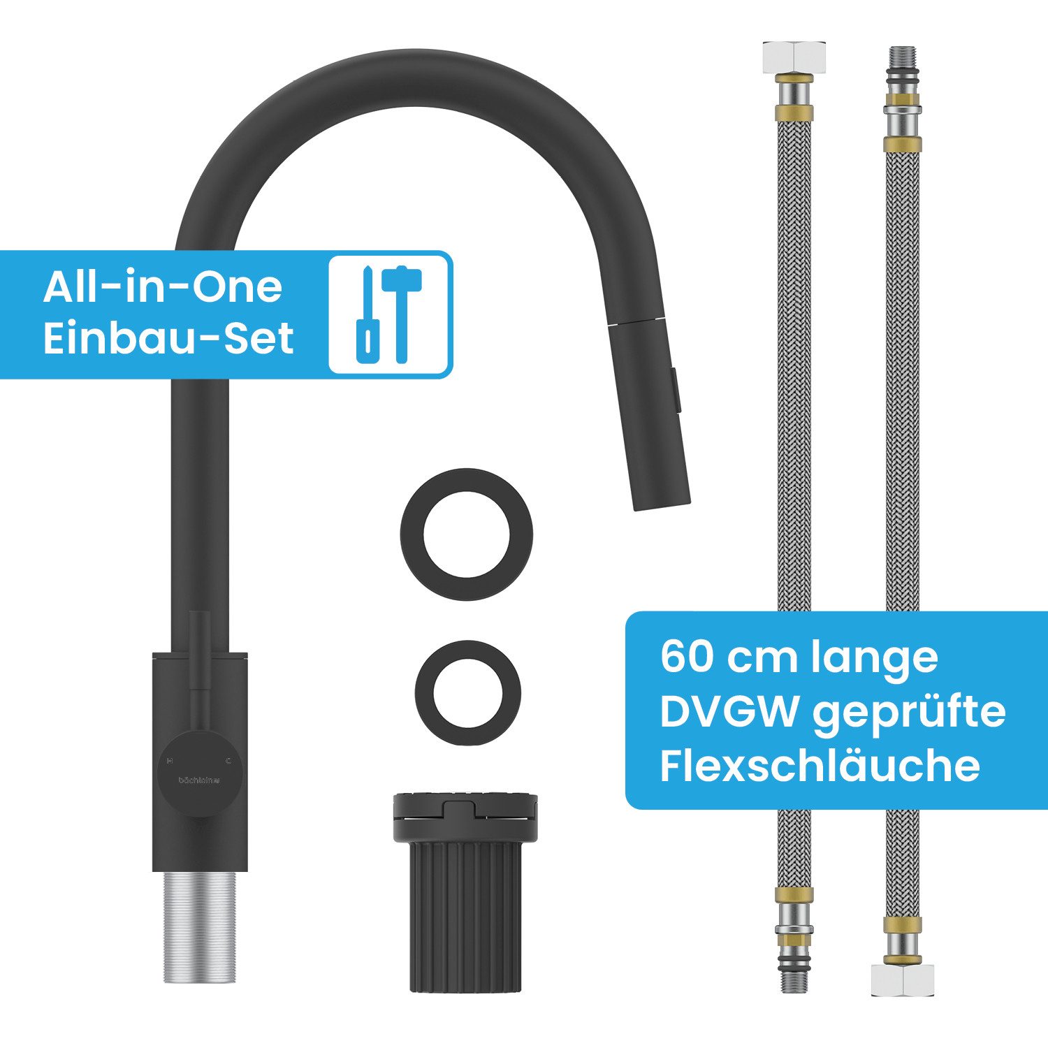 Bächlein Spültischarmatur Elegante Küchenarmatur Kocuso (Schwarz-matt) hochwertige Designarmatur mit ausziehbarem Flexschlauch – Bild 5 von 5