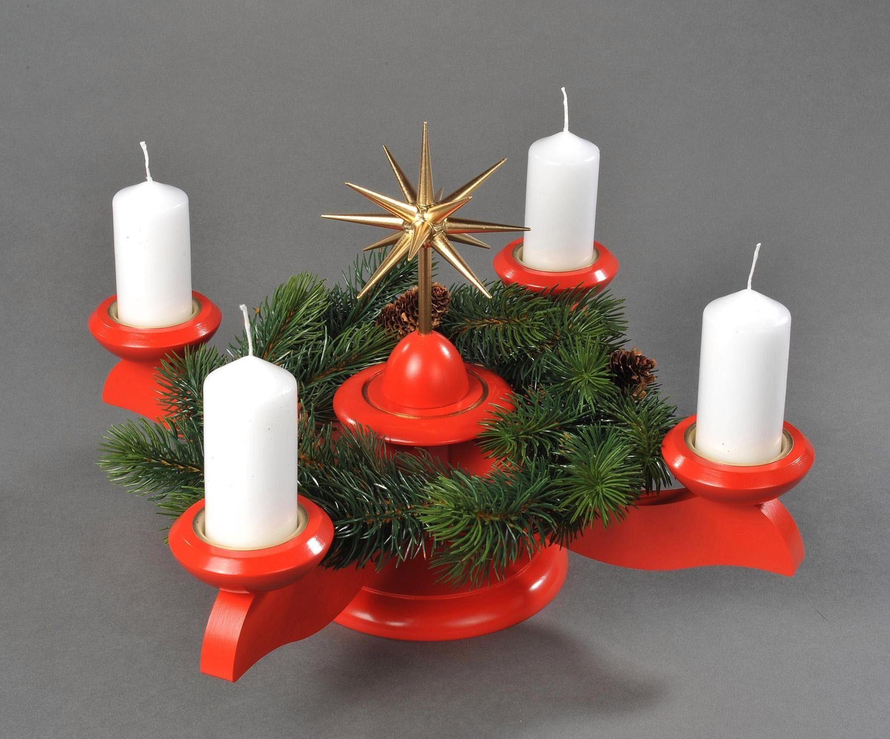 Albin Preissler Рождественский подсвечник mit Weihnachtsstern und Tannenkranz, Handwerkskunst aus dem Erzgebirge, Ø 29 cm, Weihnachtsdeko aus Buchenholz