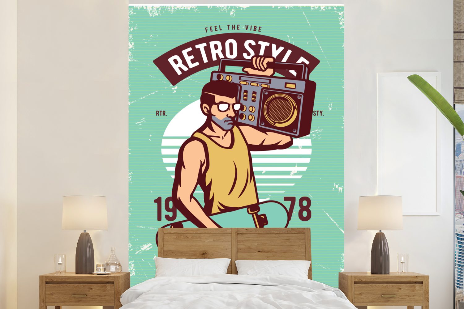 MuchoWow Fototapete Radio Retro, - - bedruckt, Montagefertig Skateboard Vinyl Matt, - Mann Wohnzimmer, (3 Wandtapete Tapete St), für