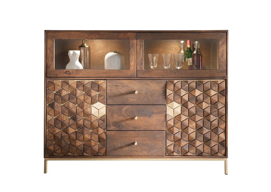 Main Möbel Highboard 146x115cm "Assuan" Mango & Metall goldfarbig