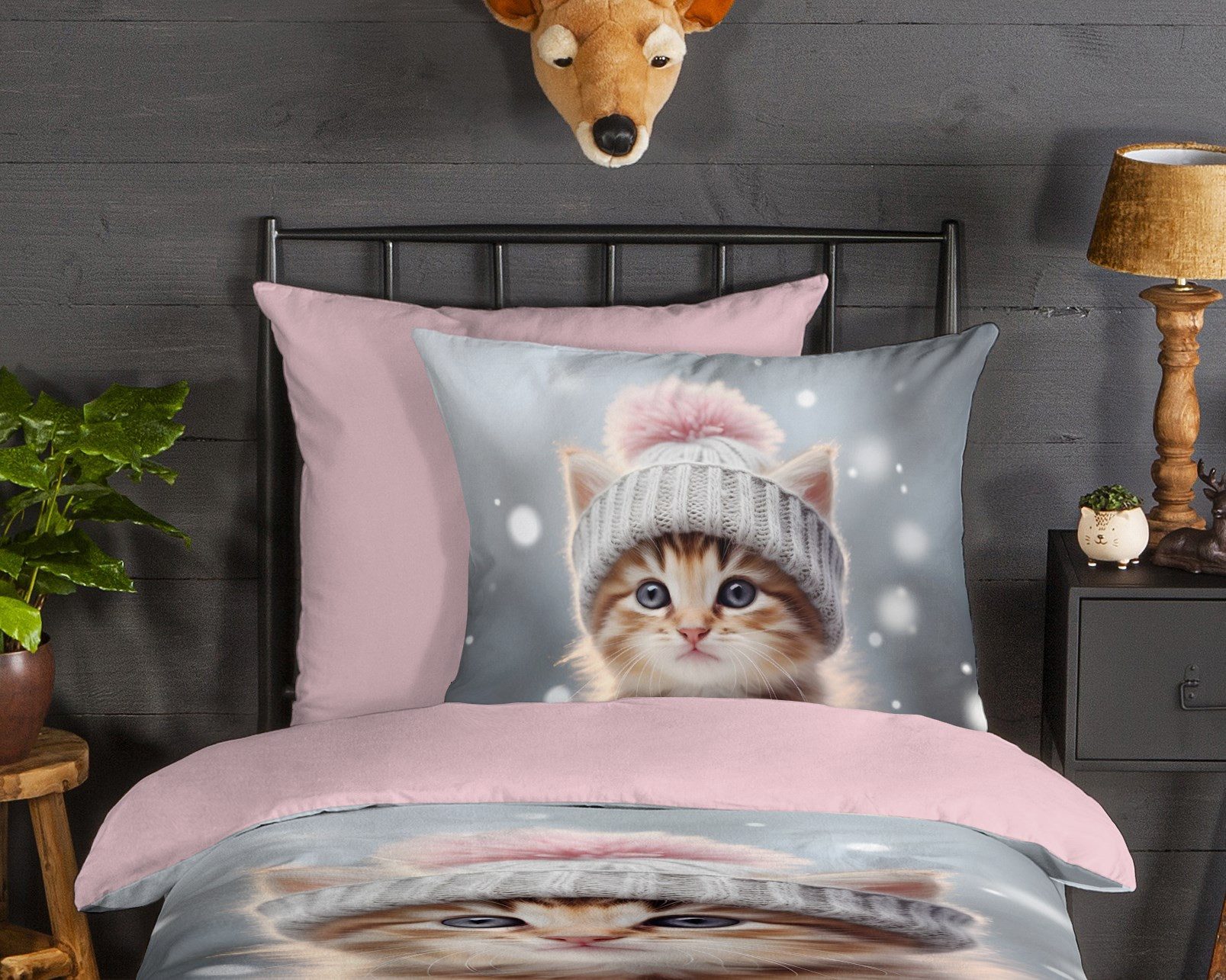 good morning Kinderbettwäsche Patt, Biber, Flanell, 2 teilig, Flanell, Biber, 135x200, Warm, Wende, Kind, Mädchen, Katze, Rosa, Grau