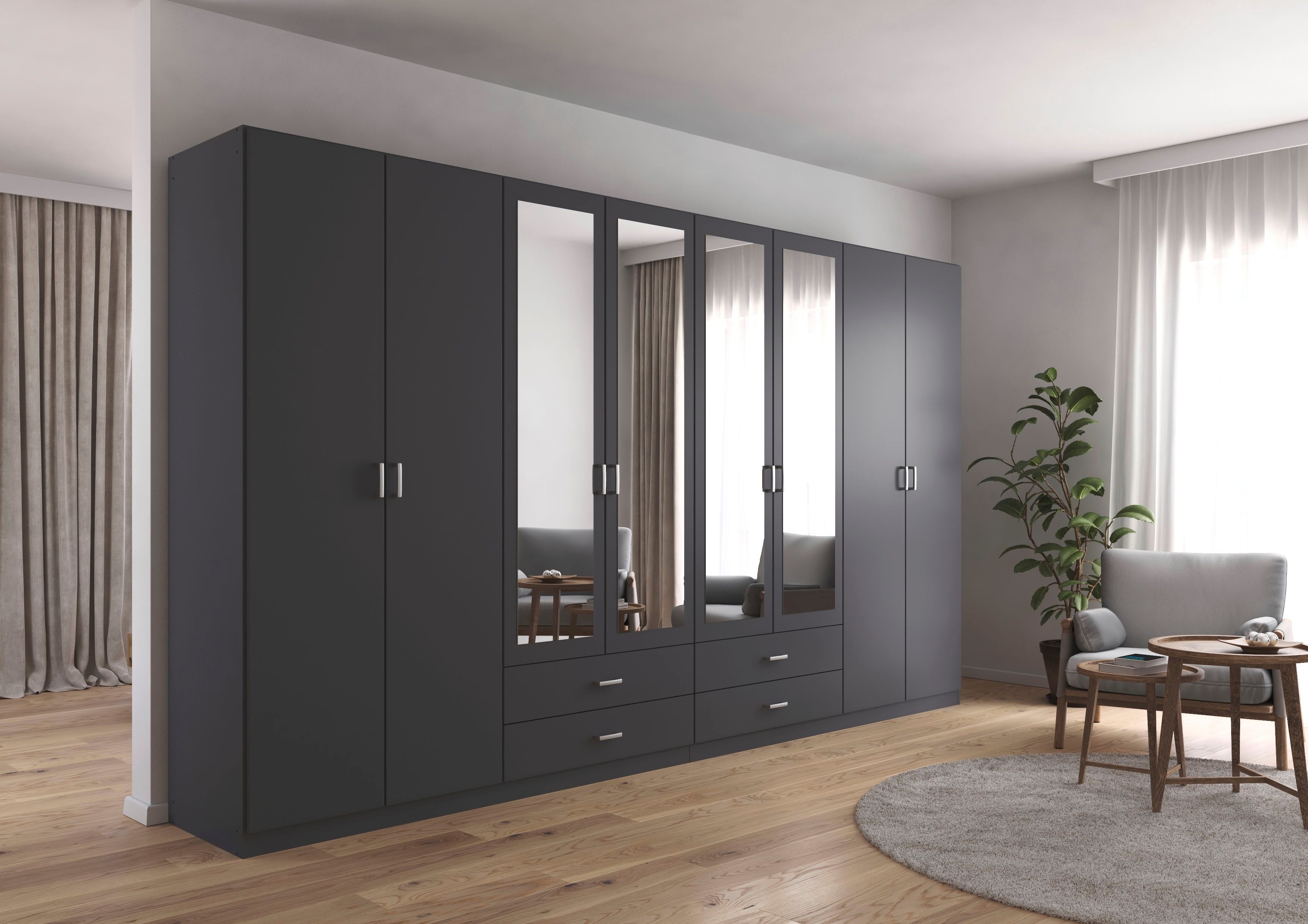 rauch Kleiderschrank Schrank Garderobe Ankleide GAMMA Breiten 91/136/181/226/271/315/360 cm (in 3 Ausstattungen BASIC/CLASSIC/PREMIUM (inkl. SOFT-CLOSE-Funktion) verschiedene Griff-Varianten, mit Spiegel TOPSELLER MADE IN GERMANY