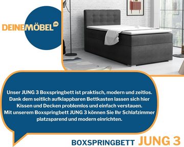 Deine Möbel 24 Boxspringbett Polsterbett Jungendbett JUNG 3 inkl. Matratzen H3 / H4 inkl. Topper (Boxbett für Jugendliche, Bonellfederkernmatratze H3 Taschenfederkernmatratze H4), 90x200 100x200 Veloursstoff Einzelbett Boxspring Hotelbett