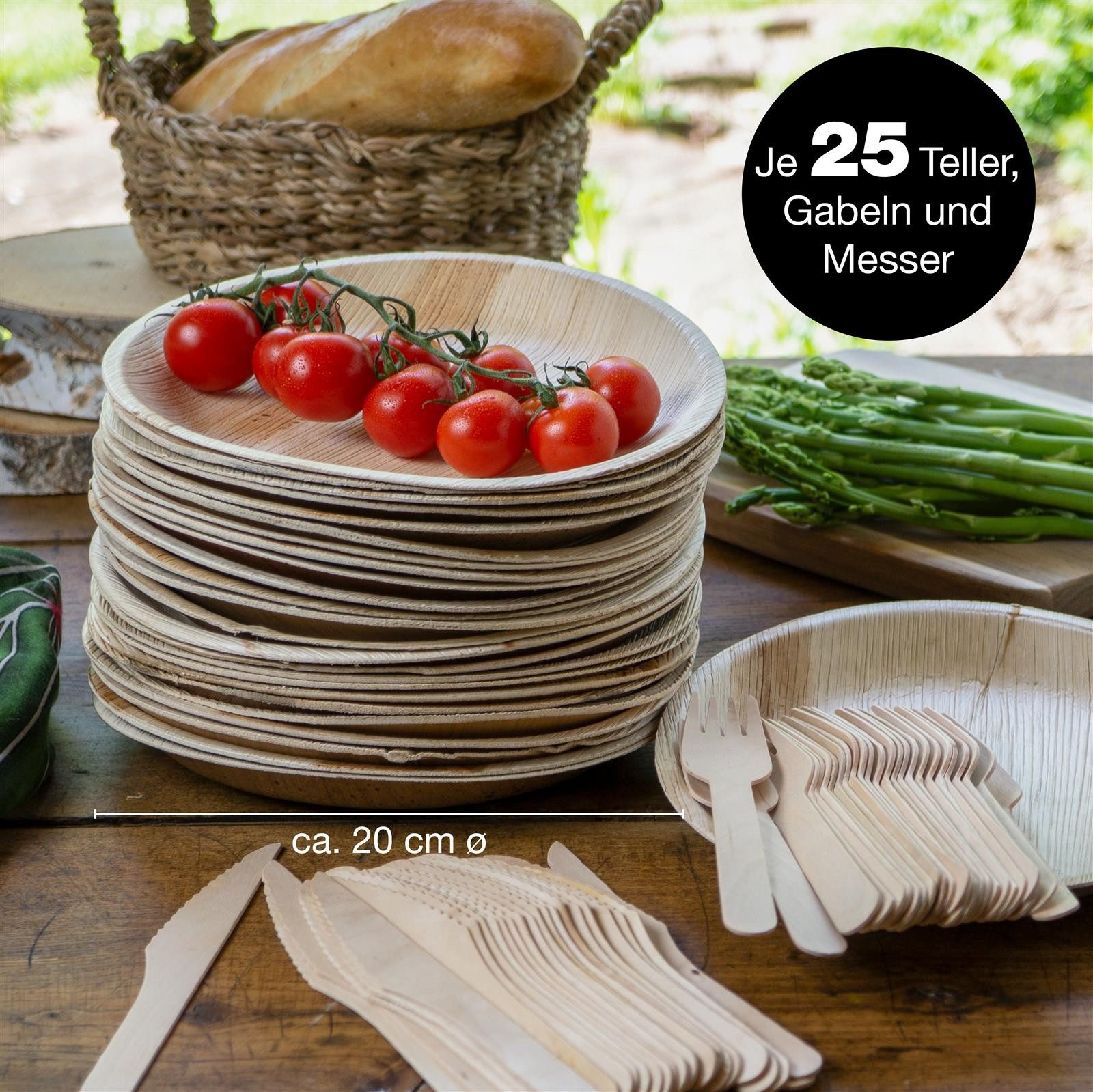 Moritz & Moritz Einweggeschirr-Set 75tlg Palmblatt Geschirr Rund 20cm (75-tlg), 25 Personen, Palmblatt, Birkenholz, Einweg