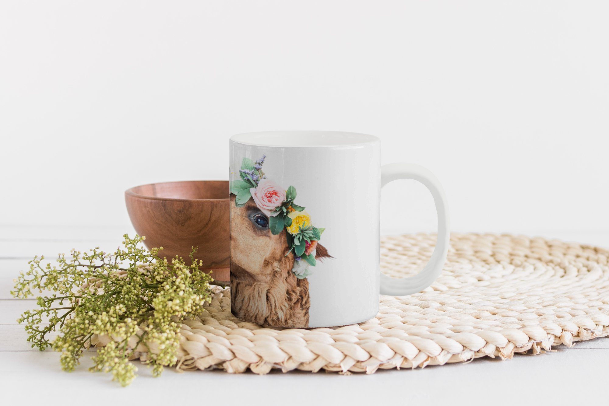 MuchoWow Blumen Natur, - - Teetasse, Tiere Teetasse, - Kaffeetassen, Alpaka Tasse Keramik, Geschenk Becher,