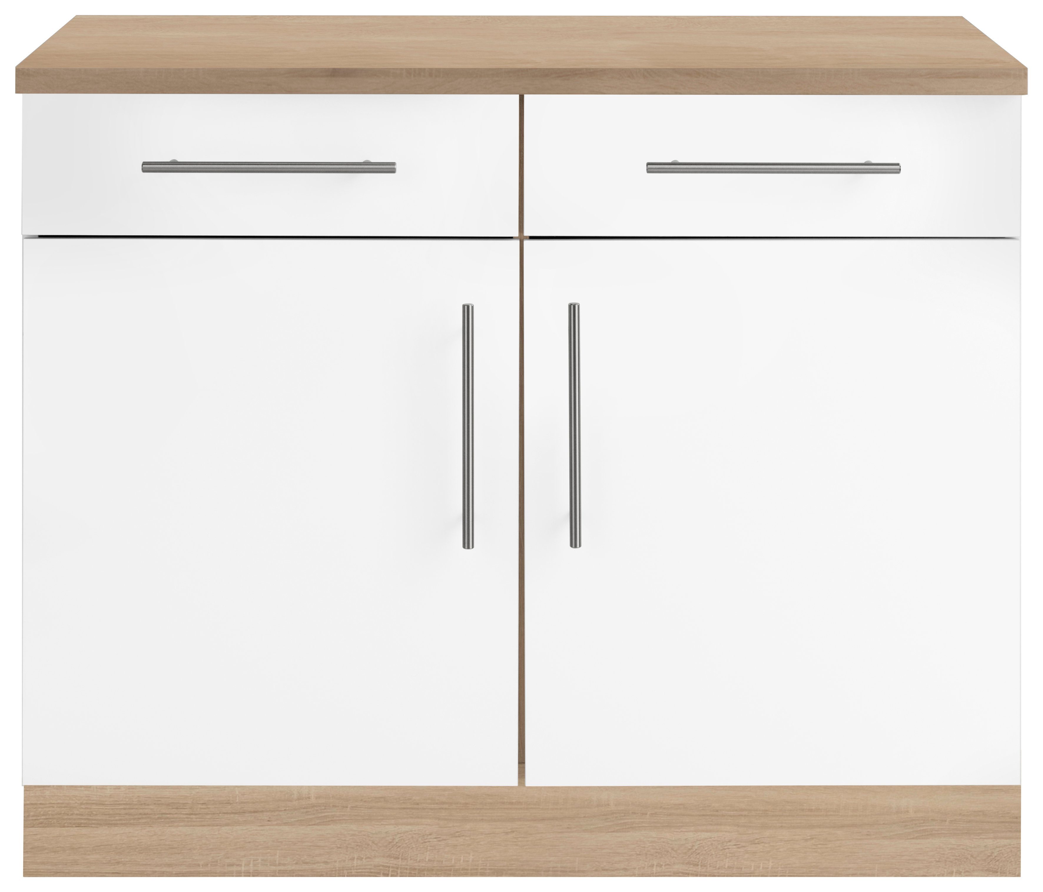 wiho Küchen Unterschrank Cali 100 cm breit Front: Weiß matt, Korpus und Arbeitsplatte: Sonoma eichefarben | Eichefarben