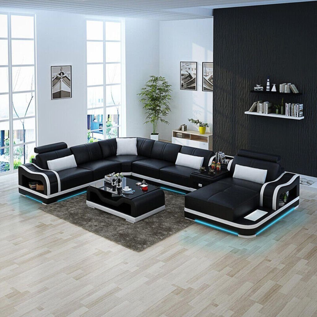 JVmoebel Ecksofa Ledersofa USB U Garnitur Couch Modern Ecke Schwarz Sofa Wohnlandschaft Form