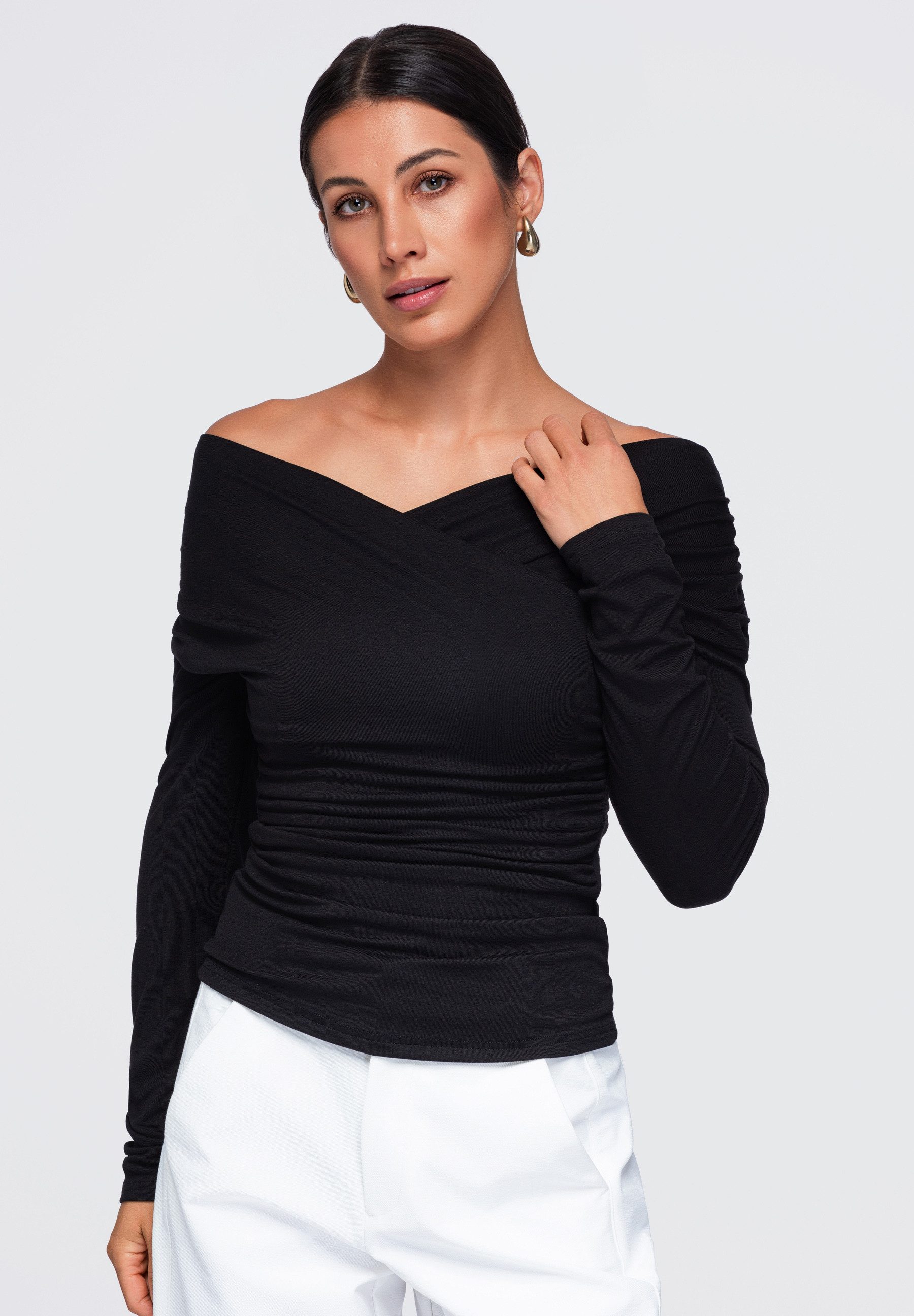 OMBRE Langarmbluse Damen Langarmbluse mit V-Ausschnitt und schmaler Passform Schwarz M/L (kein Set, 1-tlg) in Unifarbe