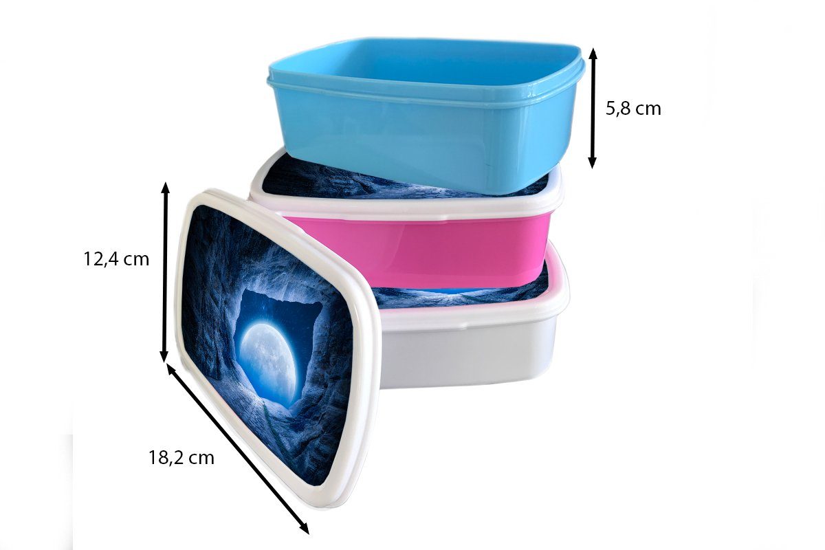 MuchoWow Lunchbox Höhle - Mond und Universum Brotbox Blau, Jungs für Kinder - Weltraum Erwachsene, und Brotdose, für - Mädchen weiß - (2-tlg), Kunststoff