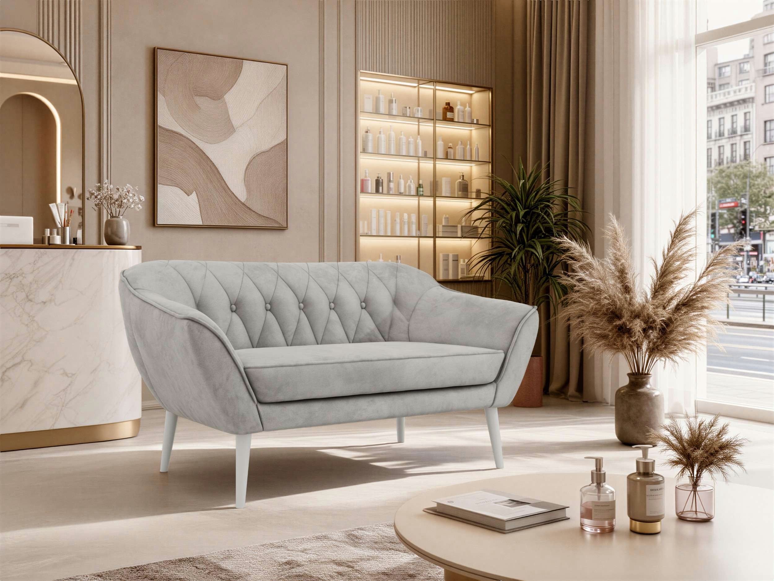 MKS MÖBEL Sofa PIRS, 2-Sitzer, Design mit Steppung, Wellenfederung, Scandi-Design, Füße wählbar