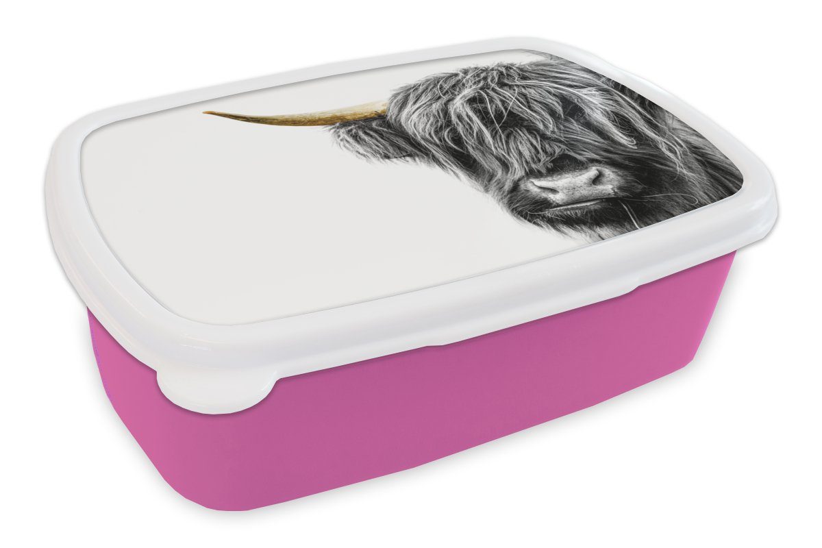 Lunchbox für Erwachsene, Brotdose - Scottish Highlander Kunststoff Schwarz Mädchen, rosa Snackbox, & Gold, Kunststoff, (2-tlg), MuchoWow Weiß - Kinder, Brotbox