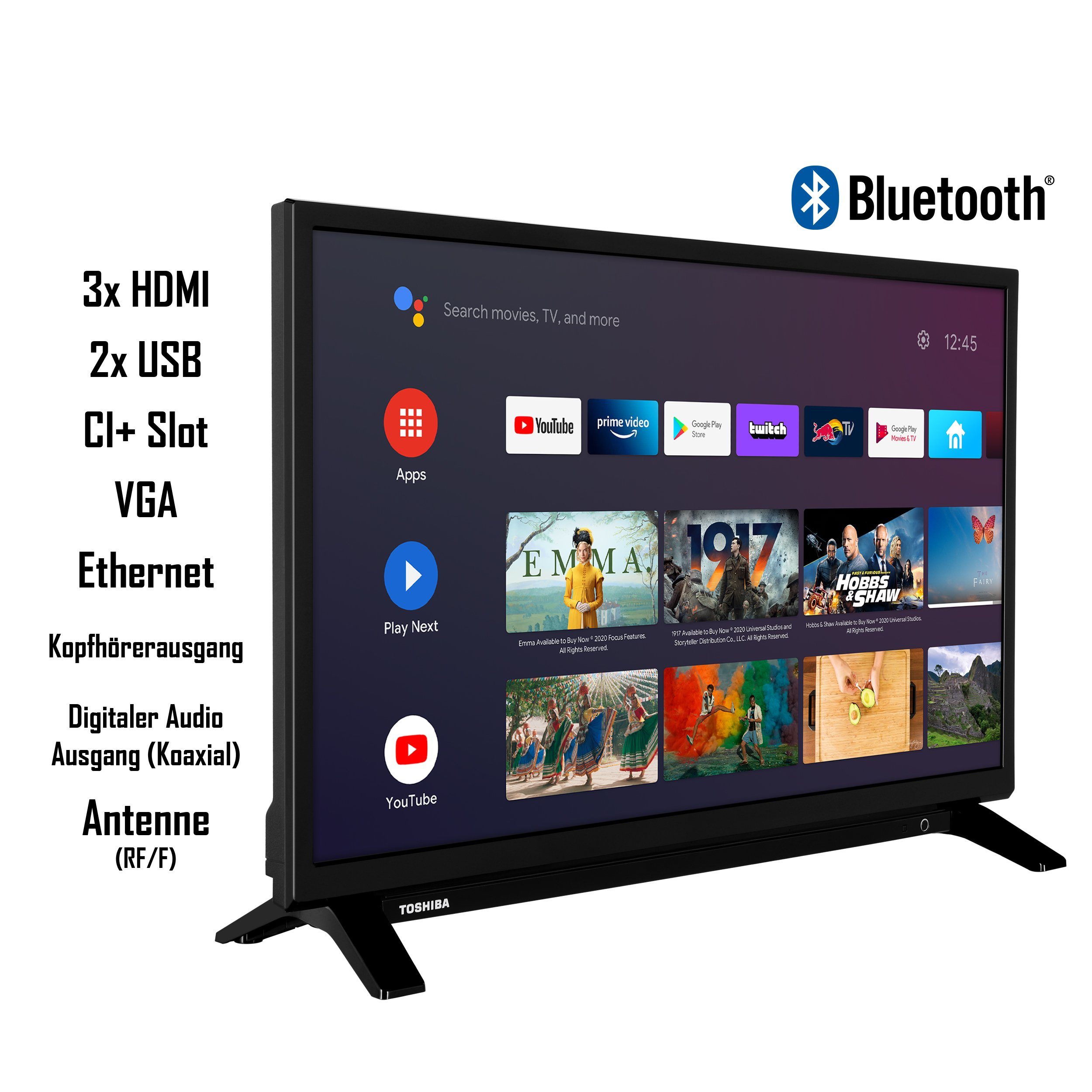Toshiba 24WA2063DAX/2 LCD-LED Fernseher Bluetooth) (60 HD-ready, Google Store, cm/24 Play Android Zoll, Triple-Tuner, TV, Assistant