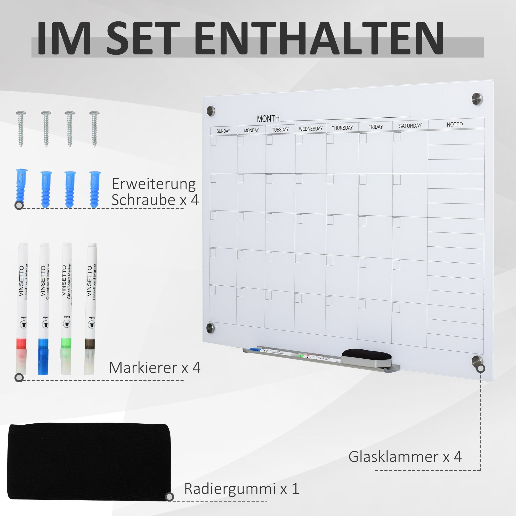 Memoboard Glasplatte mit Kalendertafel), 1-tlg., Weiß (Set, Kalendertafel, 4 Zeitplan Planungstafel Glasclip Vinsetto