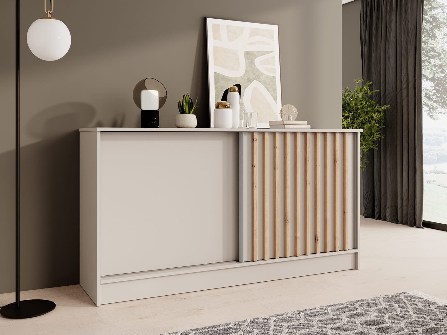 Beautysofa Kommode mit 2 Schiebetüren HORIZON (in 100 cm, 120 cm oder 160 cm, verschiedene Farben: Eiche Artisan, Schwarz, Weiß, Kaschmir), mit dekorativen Lamellen