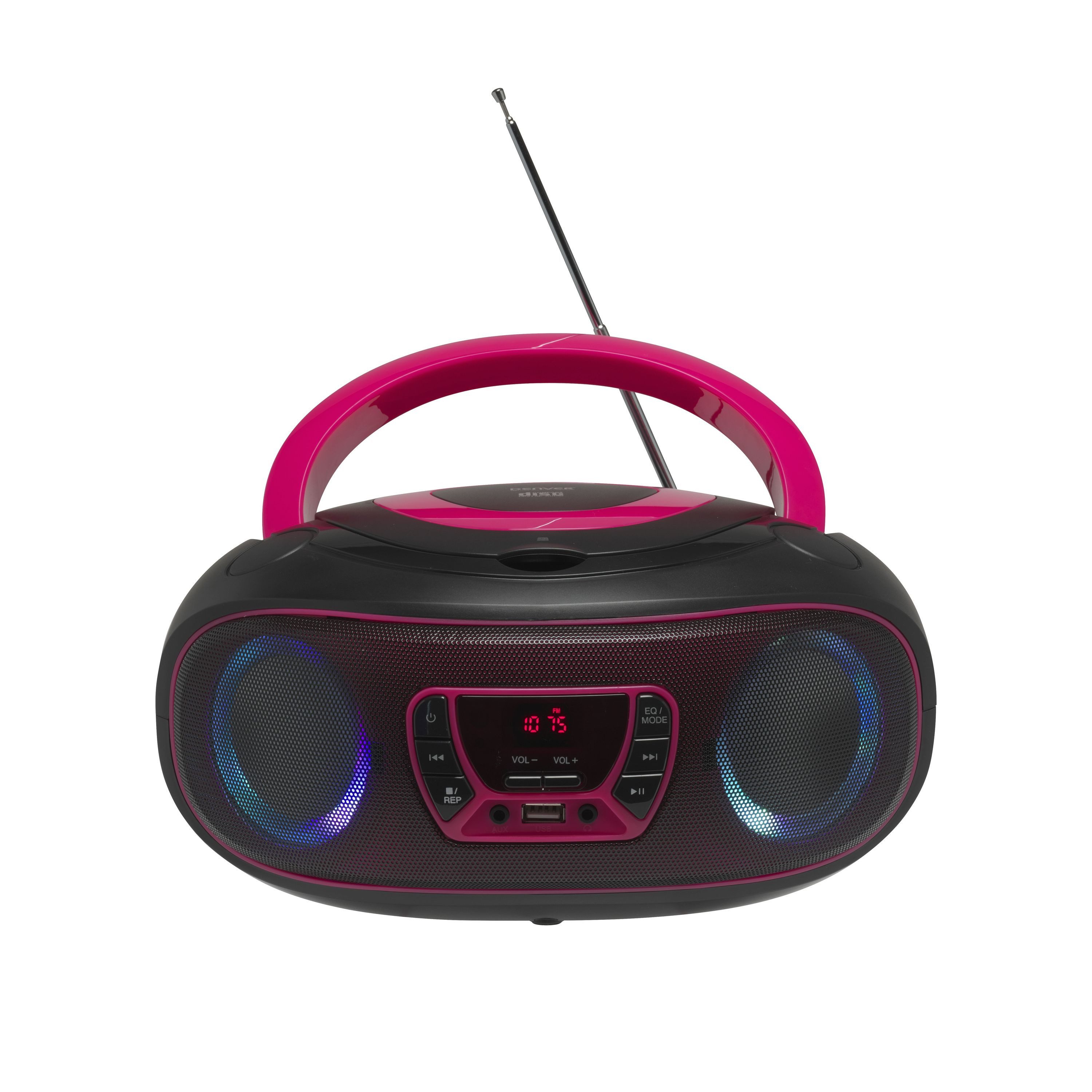 Denver TCL-212BT Pink CD-Player (CD Player mit Discolicht, Radio, USB, Bluetooth, MP3, AUX-IN)
