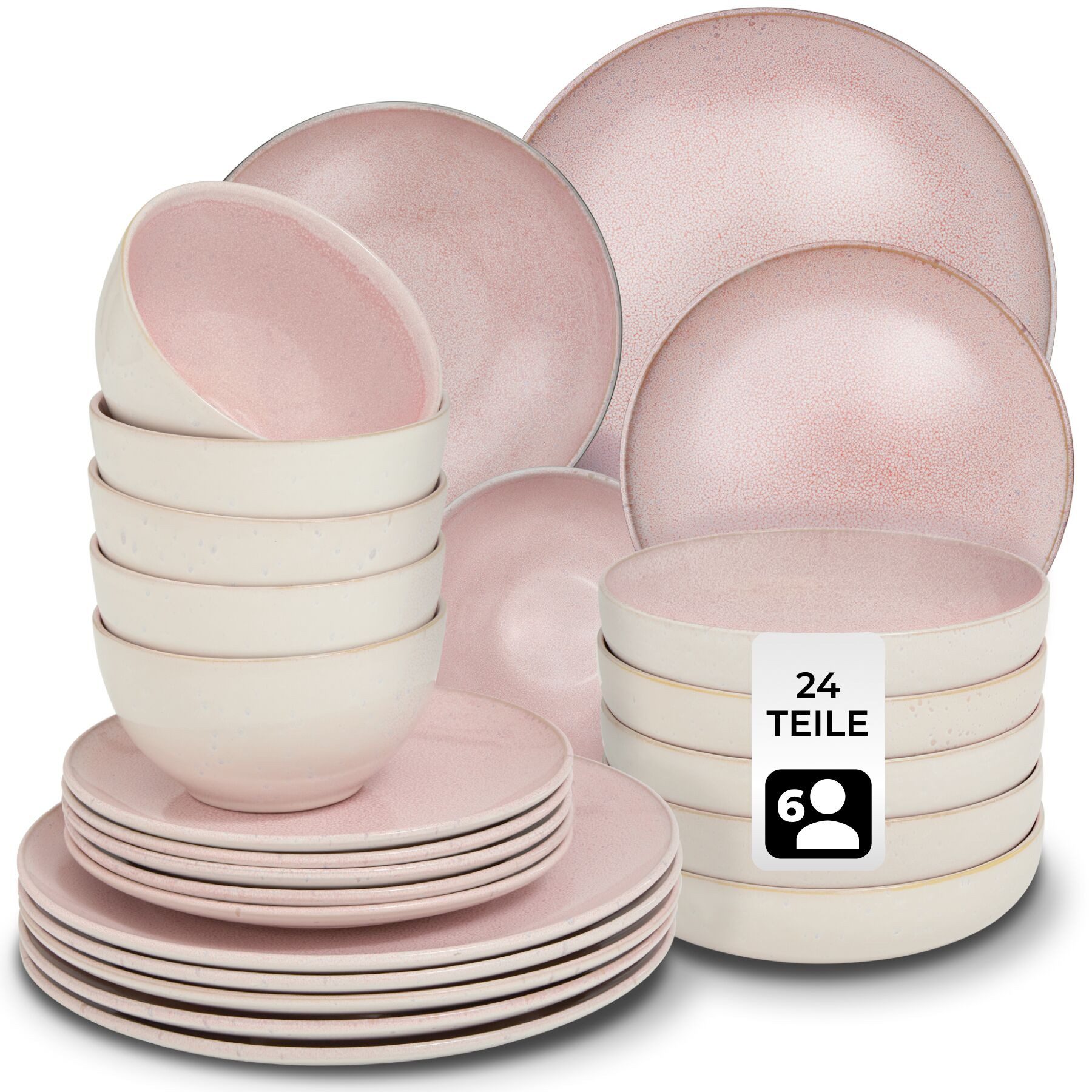 tectake Geschirr-Set Tafelservice (24-tlg), 6 Personen, Steingut, für 6 Personen, handgefertigt