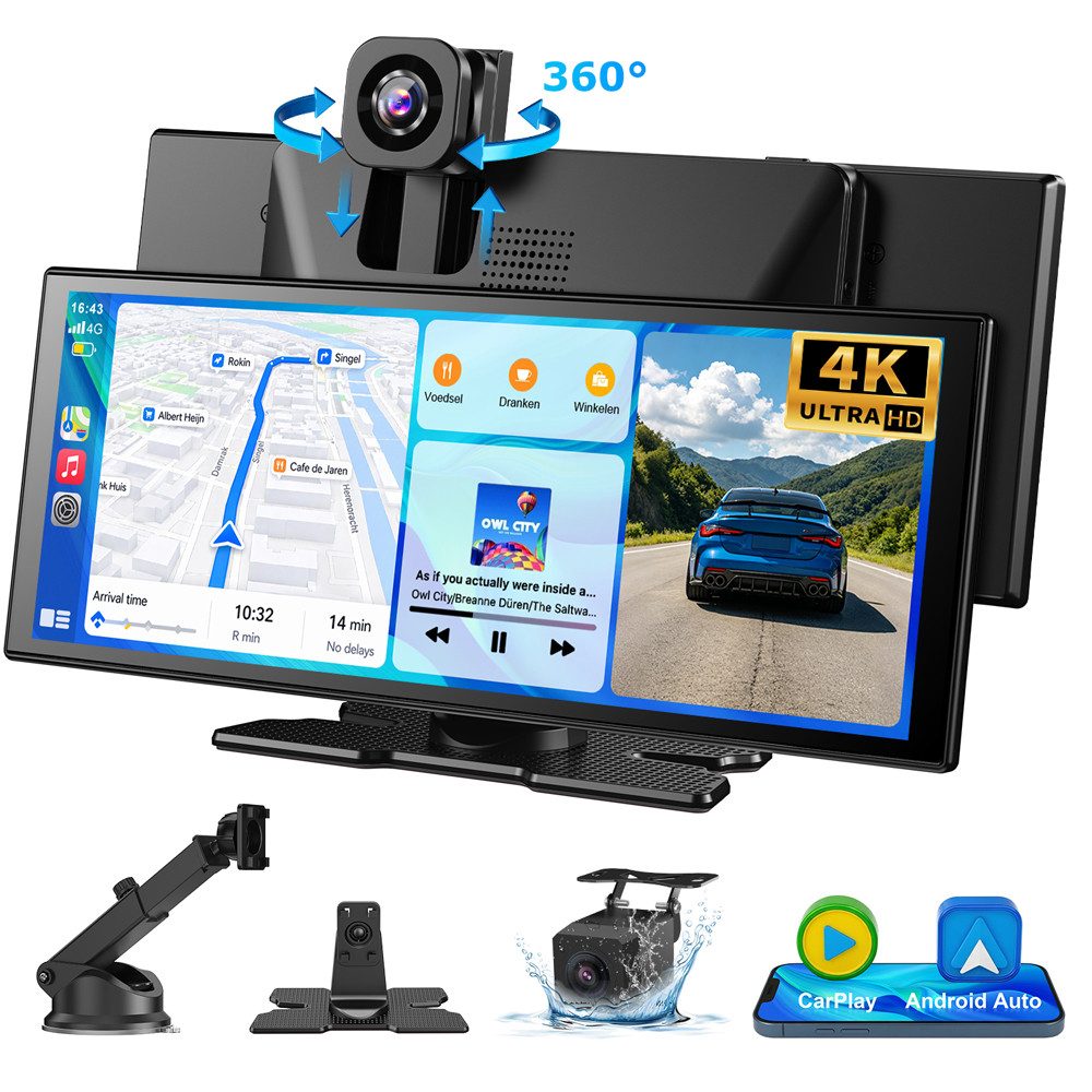 ESSGOO 4K 11,3“ Android Auto 360° Dashcam mit Rückfahrkamera Spiegel Dashcam (HD, Tragbar Autoradio Rückfahrkamera IPS Touchscreen GPS Navi FM AUX)