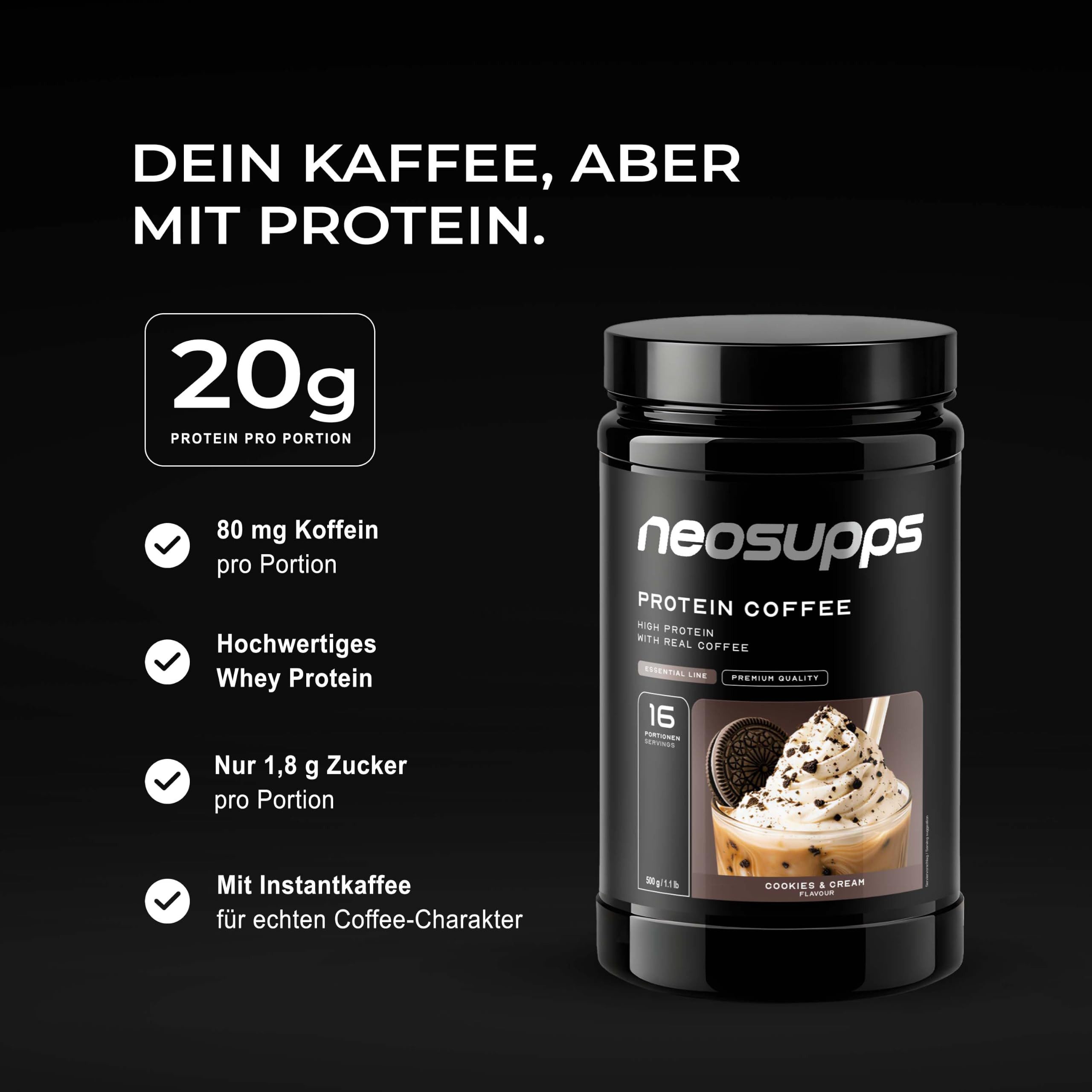 Neosupps Protein Iced Coffee Cookies & Cream 500g, Eiweißkaffee mit 20g Protein Pulver, 500 g, 80mg Koffein pro Portion, Protein Drink mit Kaffee & Cookie-Stückchen