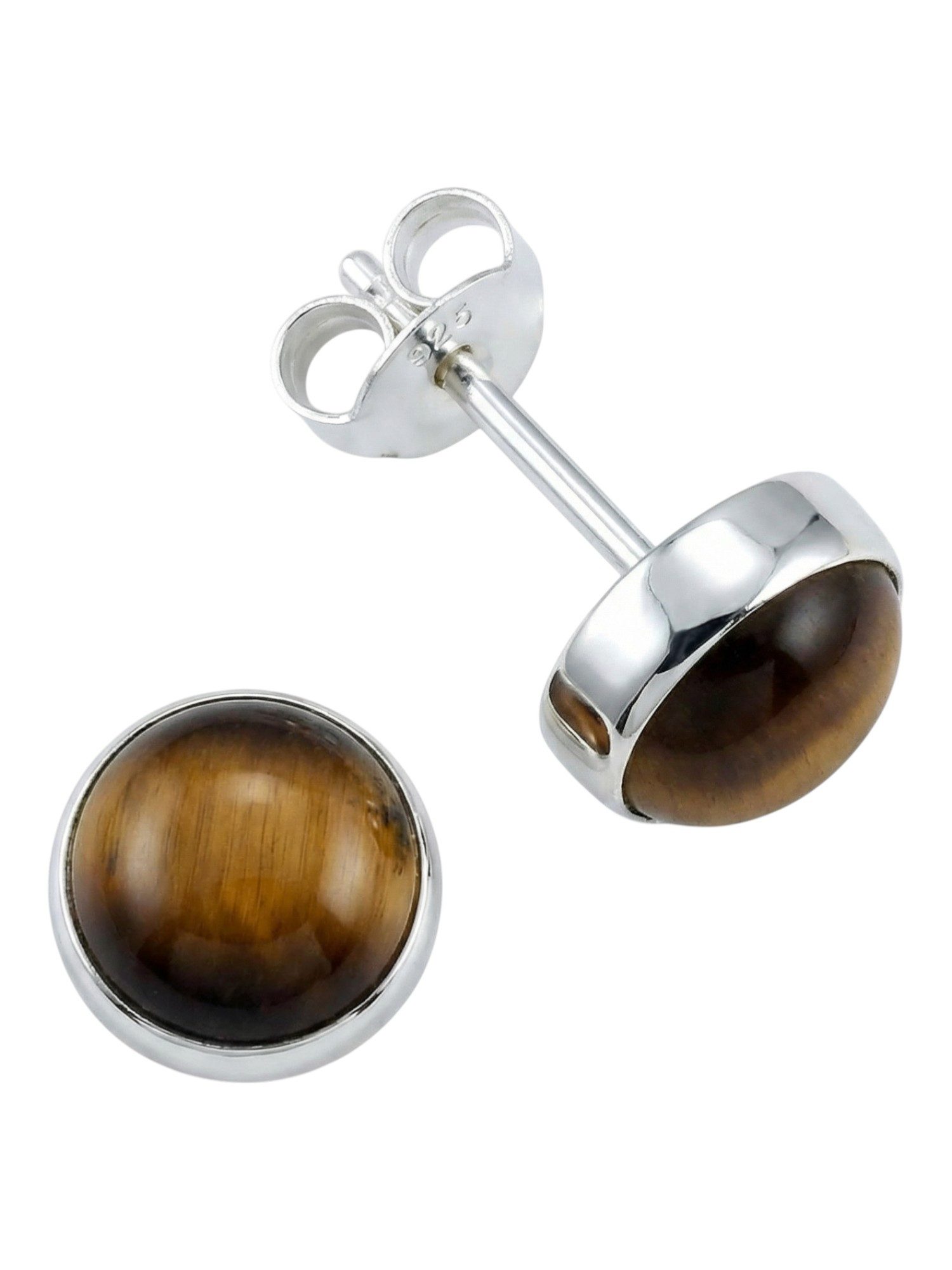mantraroma Paar Ohrstecker SAMA rund medium aus 925 Silber mit Tigerauge (Paar, Paar Ohrringe mit Schmuckbeutel), 925 Sterling Silber Ohrringe für Damen
