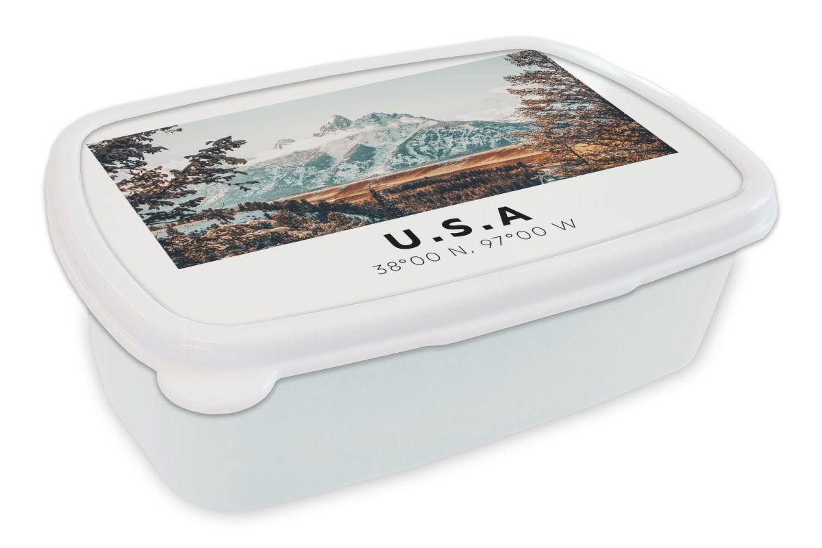 MuchoWow Lunchbox Amerika - Berge - Winter - Wald, Kunststoff, (2-tlg), Brotbox für Kinder und Erwachsene, Brotdose, für Jungs und Mädchen weiß