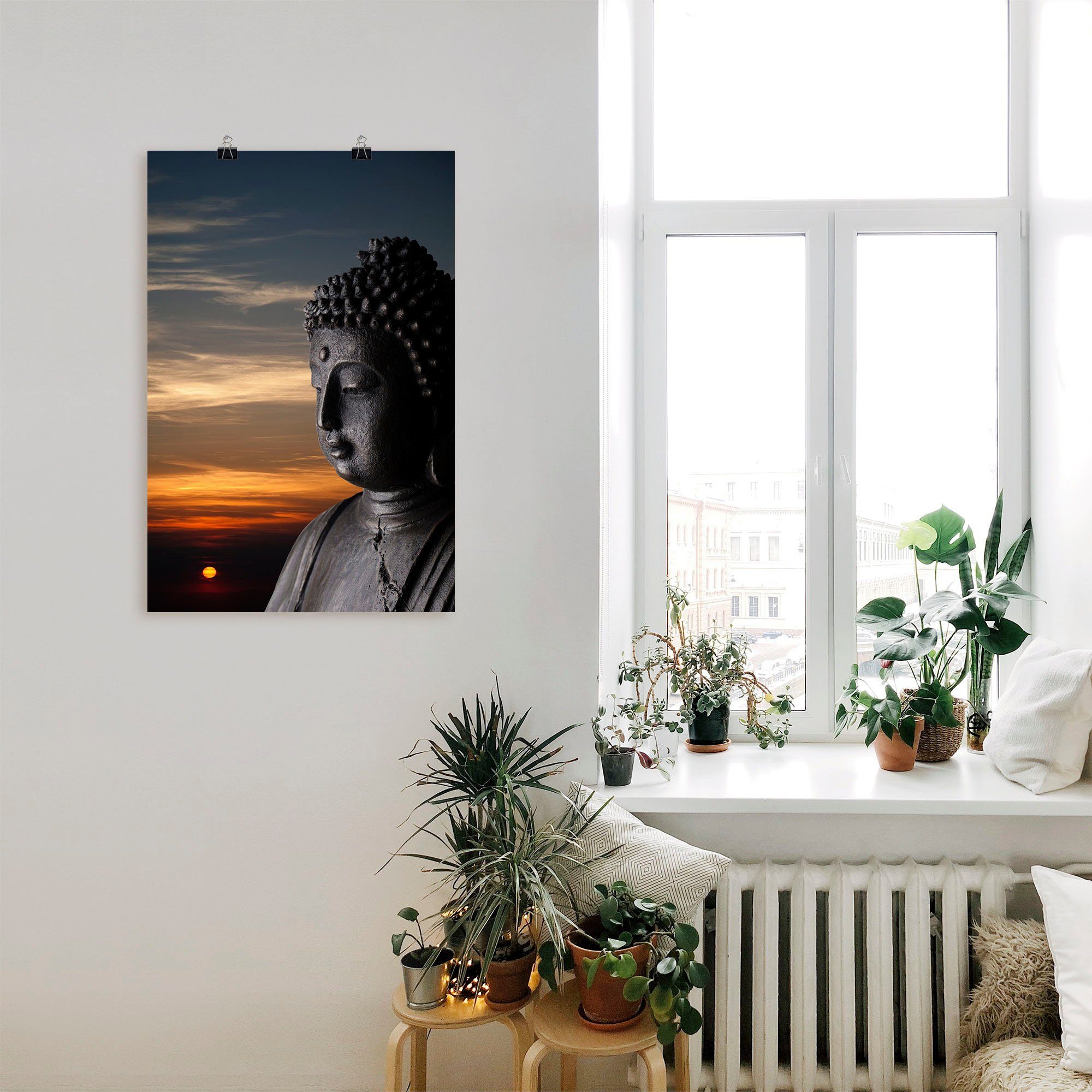 oder Wandaufkleber Größen Buddha Sonnenuntergang, in Alubild, Leinwandbild, Poster versch. Wandbild Buddhismus Statue St), vor Artland (1 als