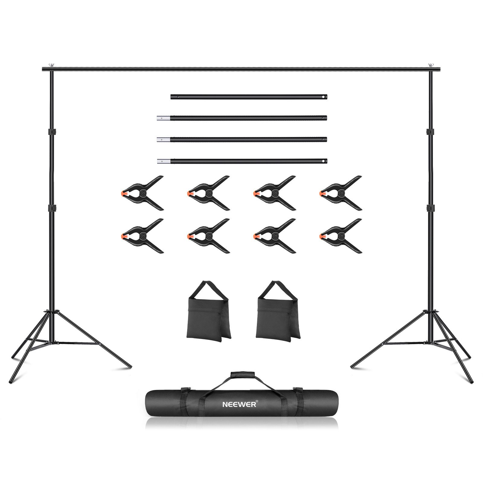 Neewer Hintergrundsystem NK-ST0204 Fotostudio Hintergrund Stützsysteme, 3m breit 2m hoch, Verstellbarer Hintergrundständer, 2 Sandsäcken, Tragetasche für Studio