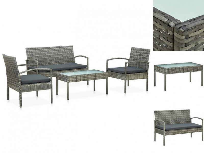vidaXL Garten-Essgruppe 4-tlg Garten Lounge Set mit Auflagen Polyrattan Grau Sitzgruppe Set Lo